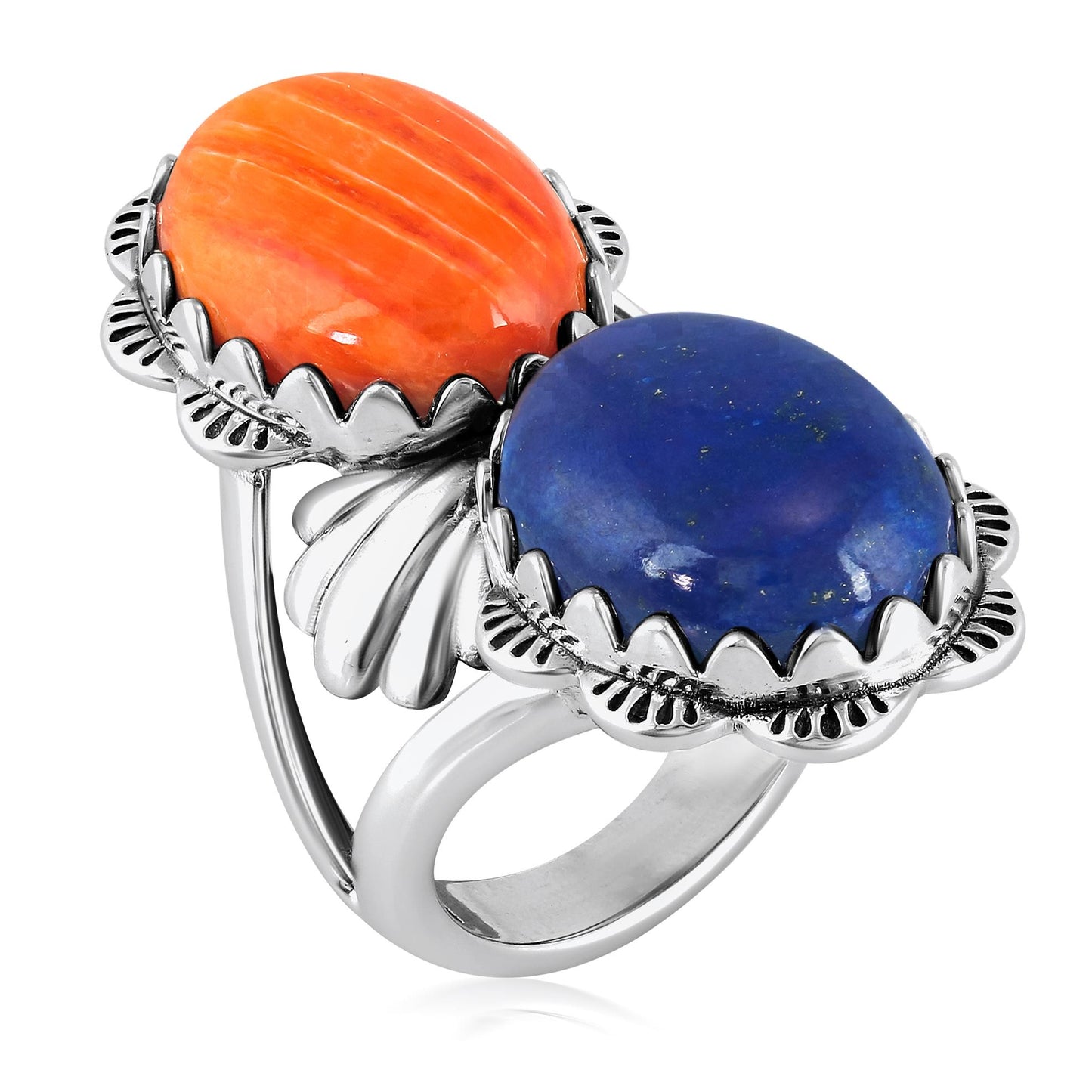 Sterling Silver Oval Lapis and Orange Spiny Oyster Scalloped Ring
