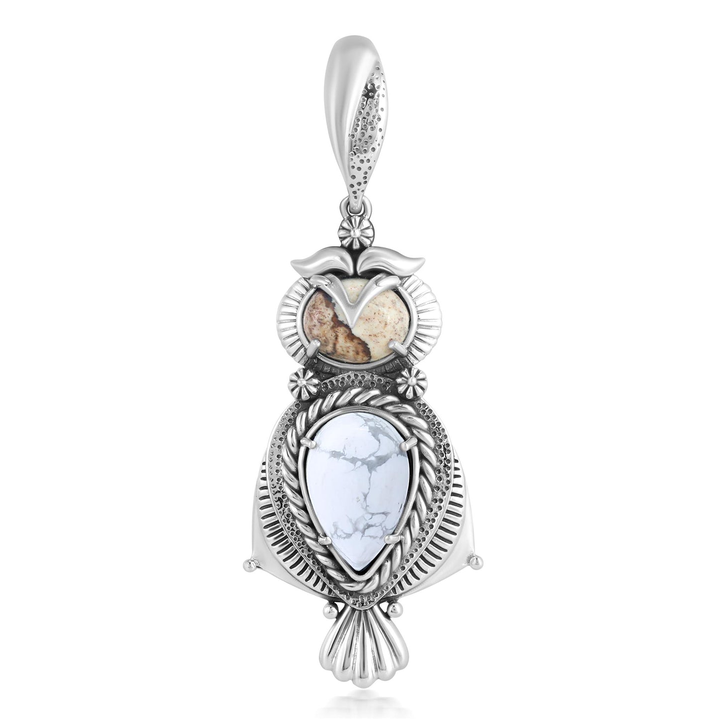 Sterling Silver Picture Jasper and Howlite Owl Pendant Enhancer