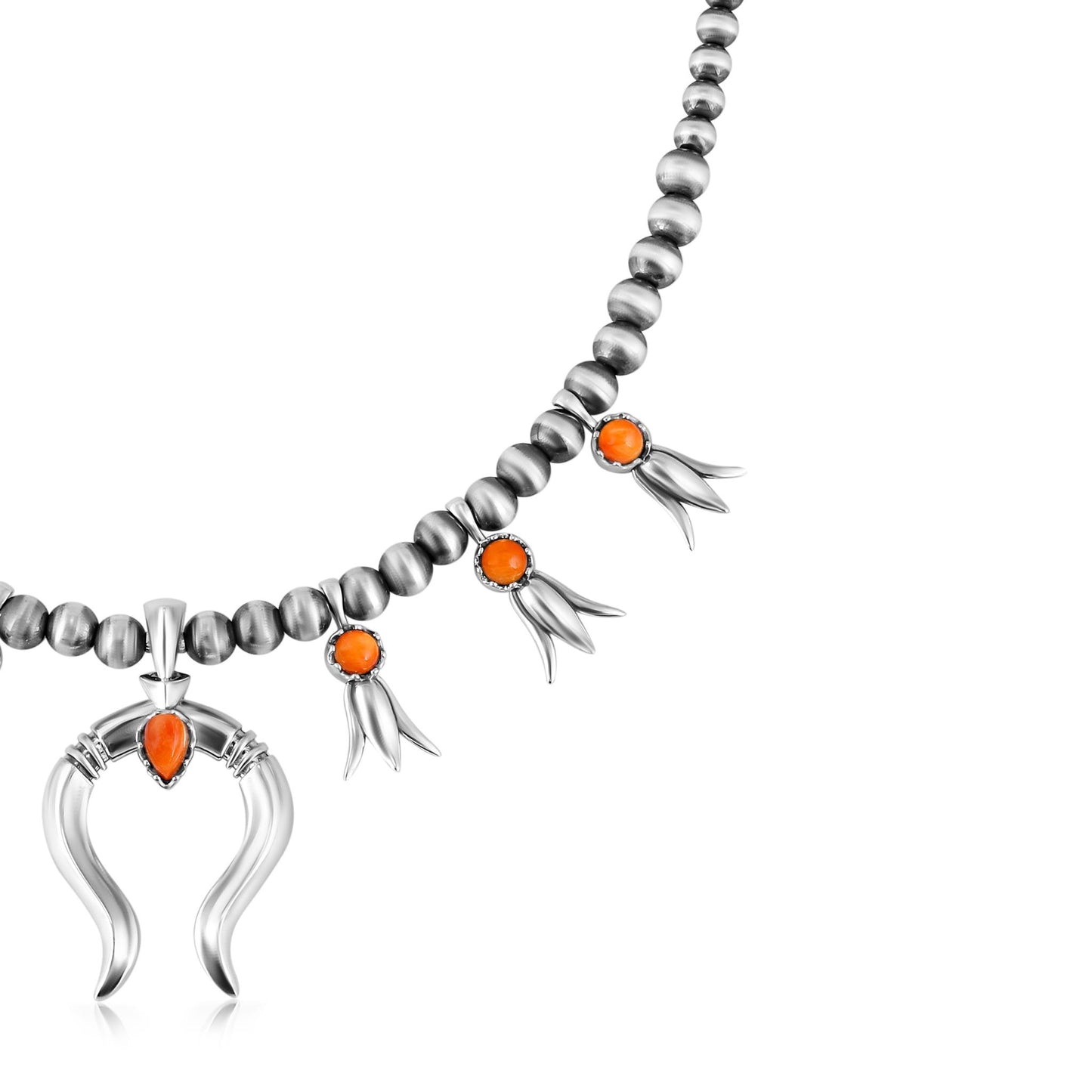 Sterling Silver Orange Spiny Oyster Beaded Squash Blossom Necklace