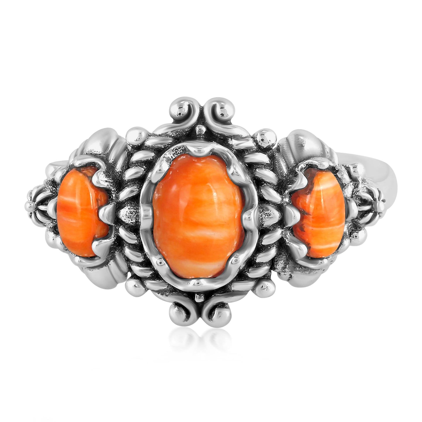 EXCLUSIVELY OURS! Sterling Silver Orange Spiny Oyster 3-Stone Oval Scalloped Bezel Ring, Sizes 5 to 10