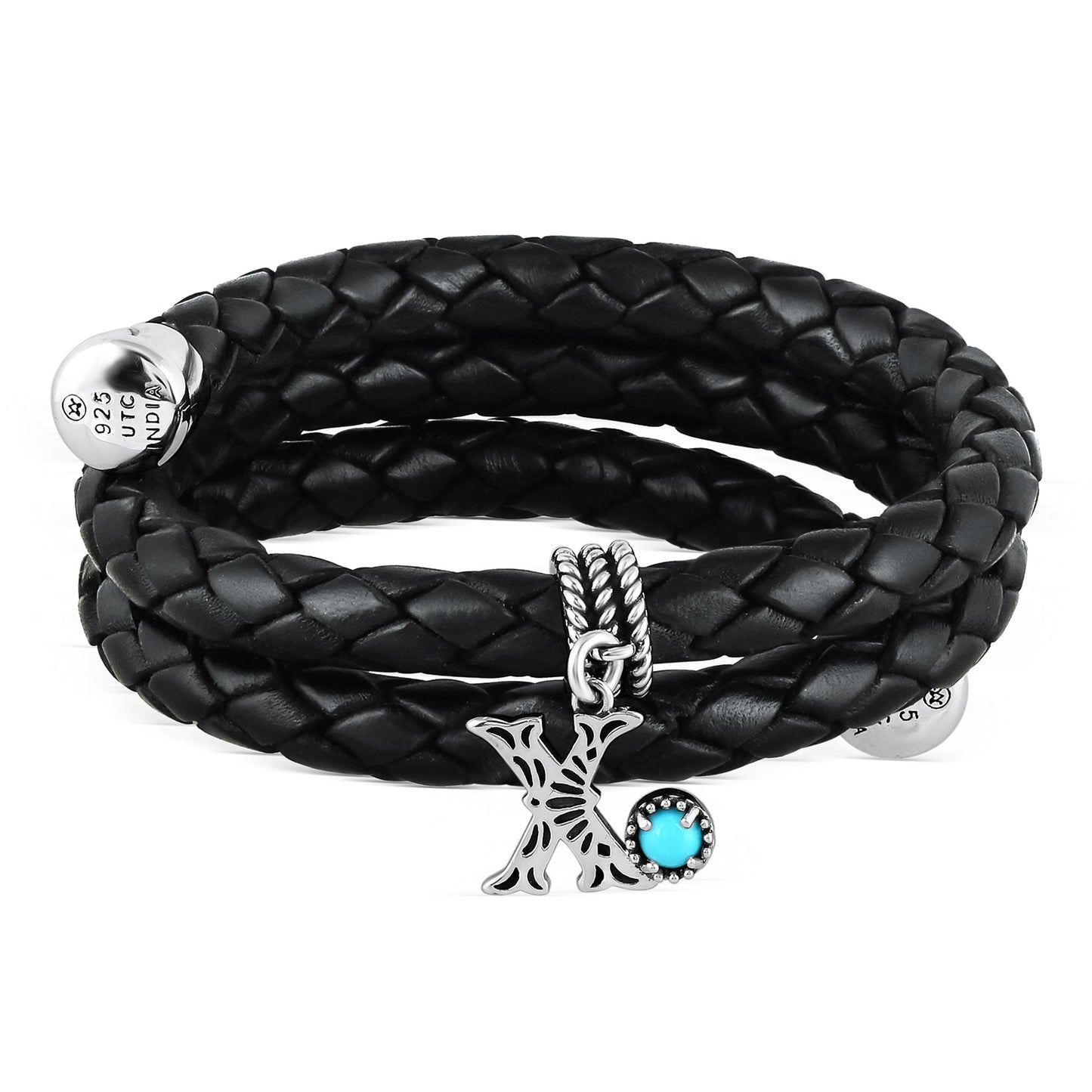 Sterling Silver Sleeping Beauty Turquoise Black Leather Initial "X" Coil Bracelet, 16 Inches