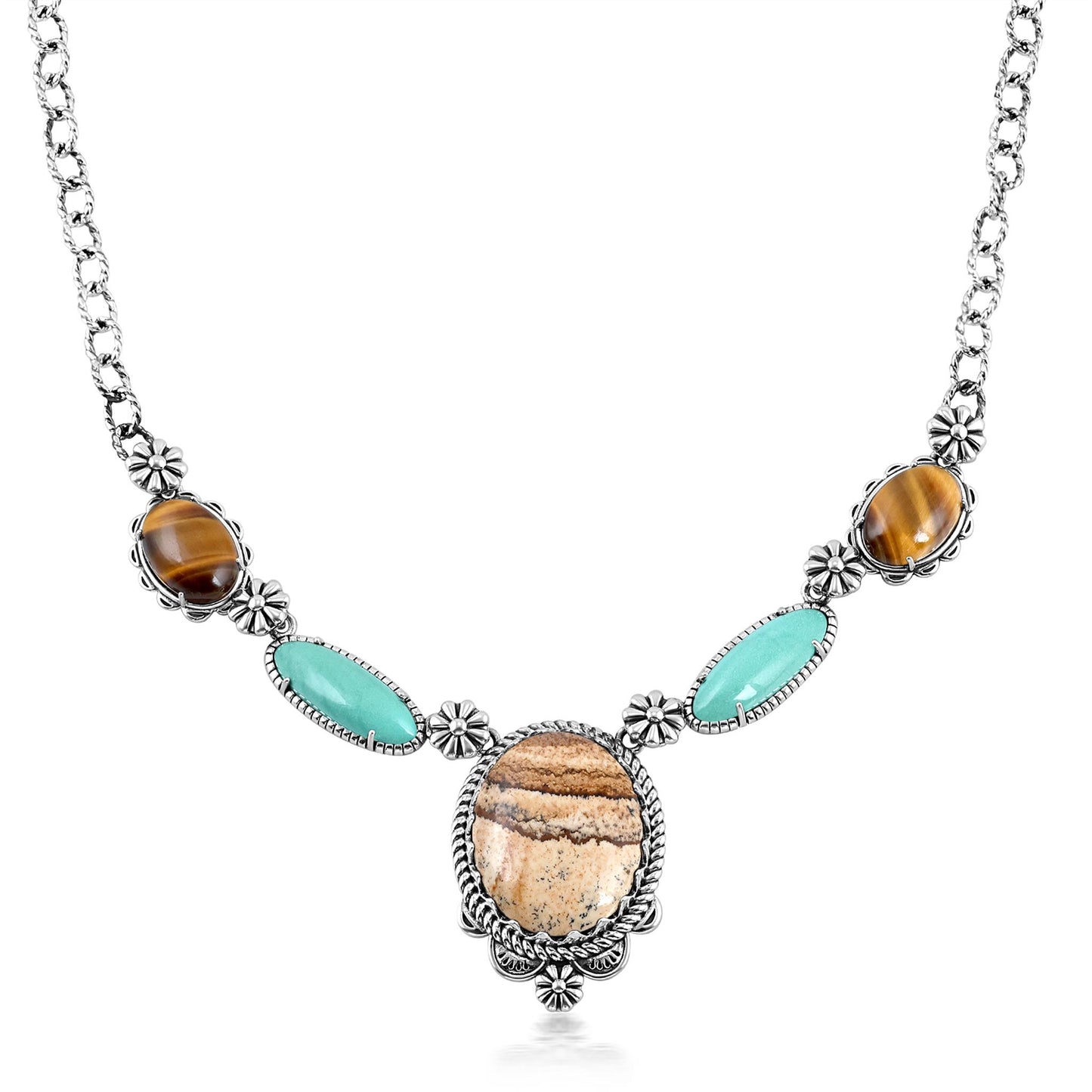 Sterling Silver Picture Jasper, Green Turquoise and Tiger's Eye Concha Station Necklace