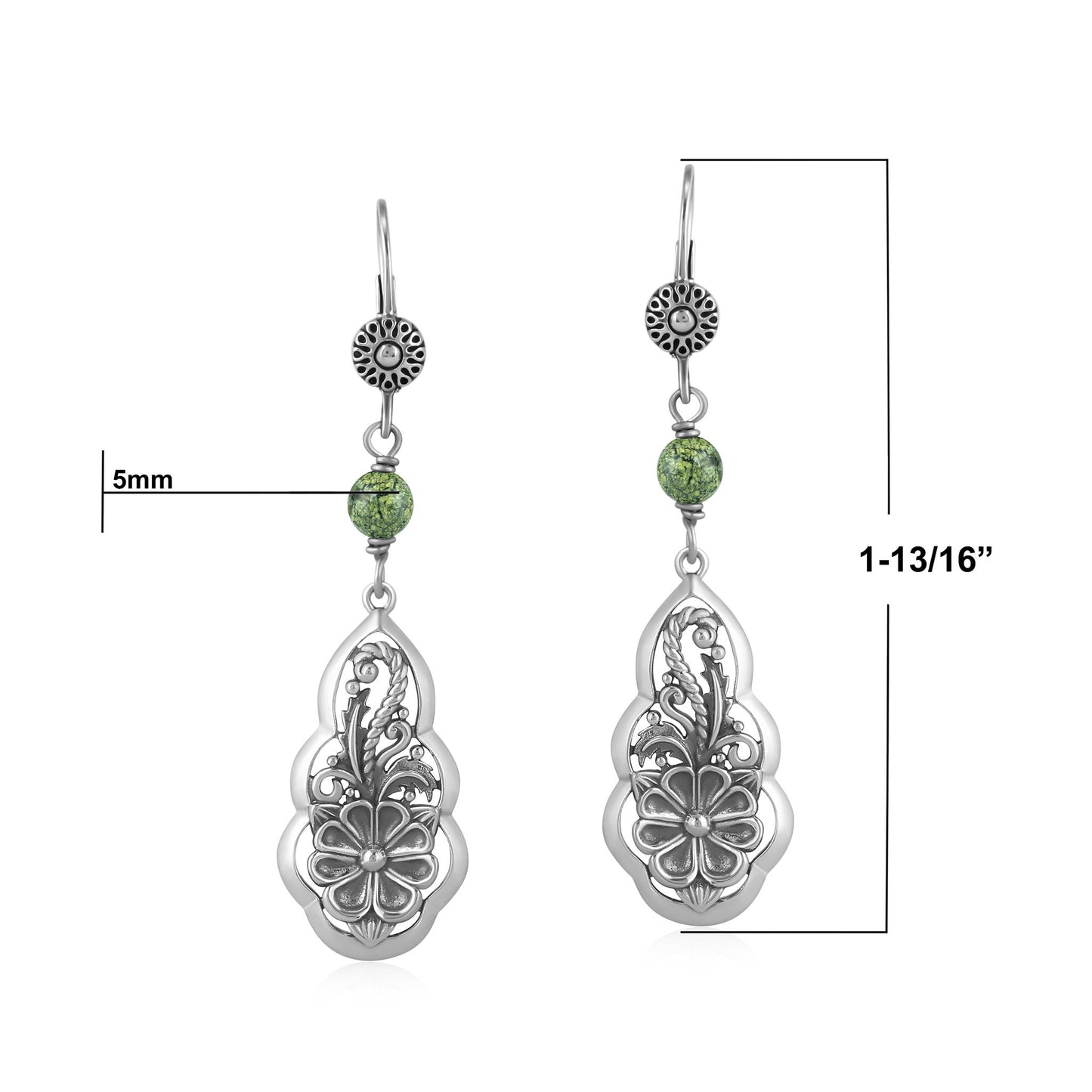Sterling Silver Serpentine Flower Gemstone Bead Lever Back Earrings