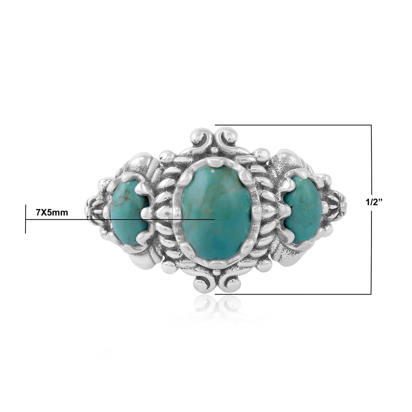 Sterling Silver Green Turquoise 3-Stone Oval Scalloped Bezel Ring