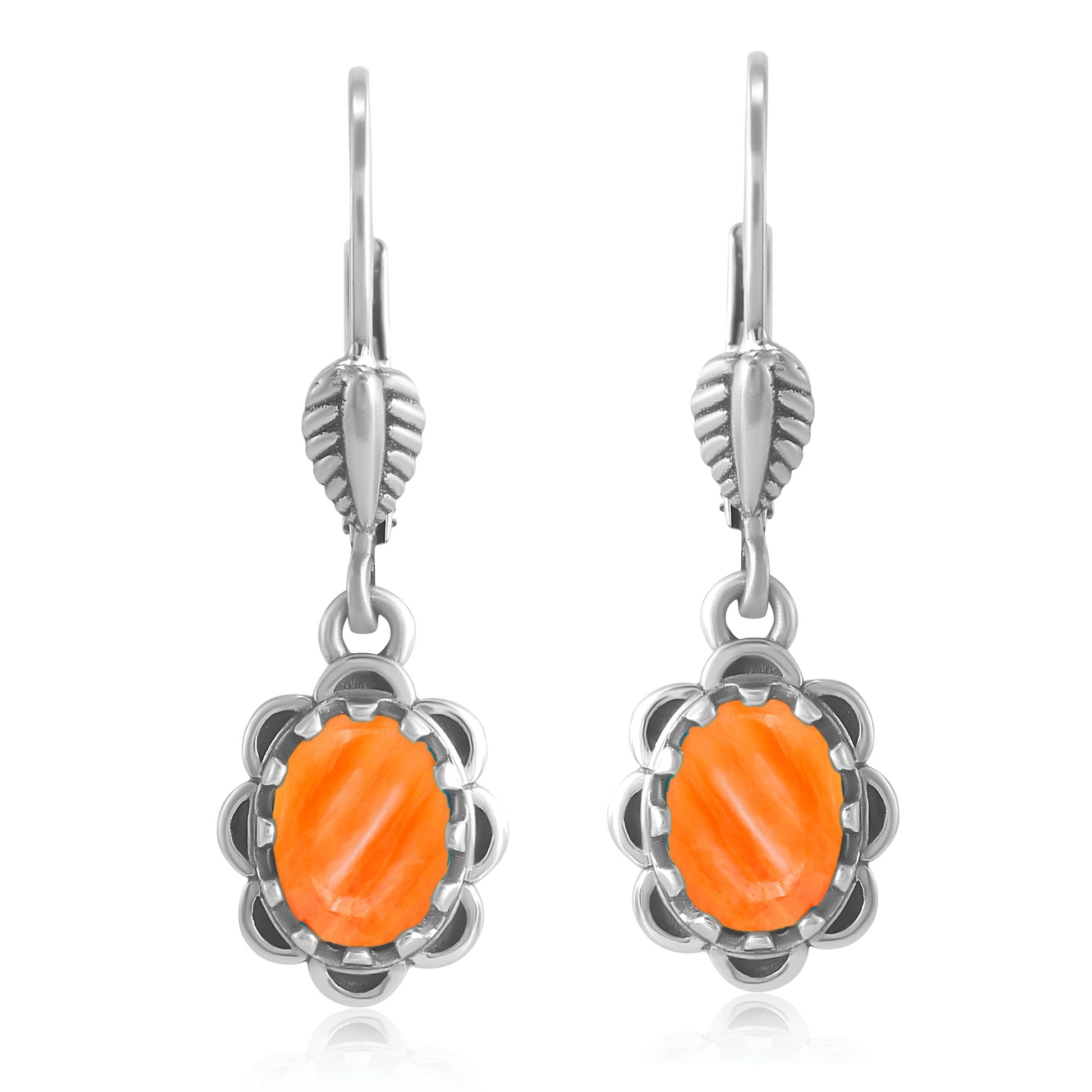 Sterling Silver Orange Spiny Oyster Concha Lever Back Dangle Earrings
