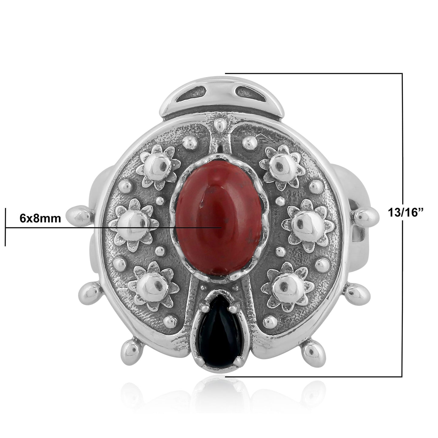 Sterling Silver Red Jasper Black Onyx Ladybug Ring