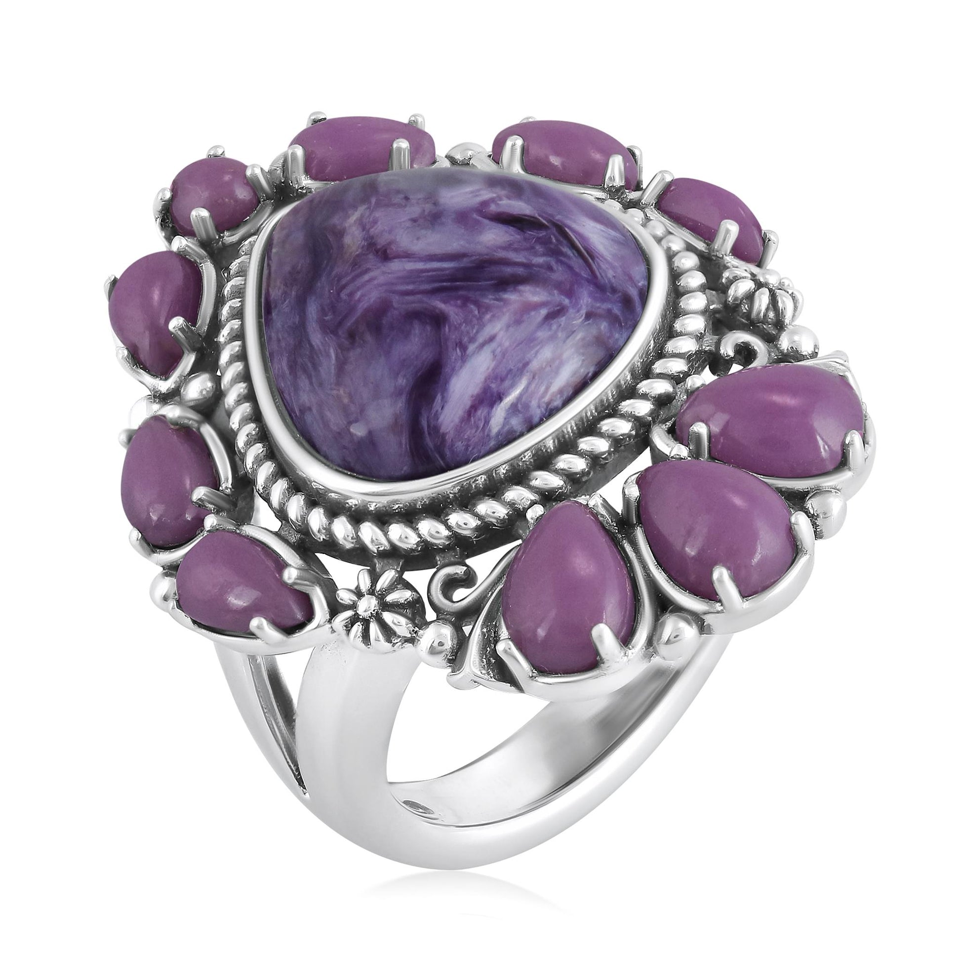 Sterling Silver Charoite and Phosphosiderite 3-Stone Trillion and Pear Ring
