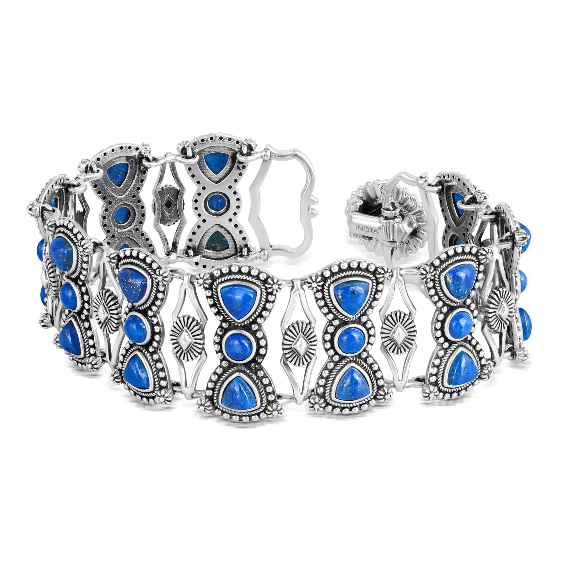 Sterling Silver Lapis Round and Trillion Cut Link Bracelet