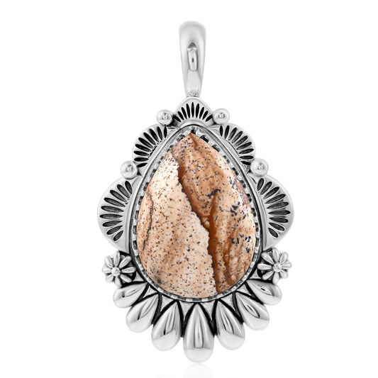 Sterling Silver Picture Jasper Scalloped Pear Pendant Enhancer