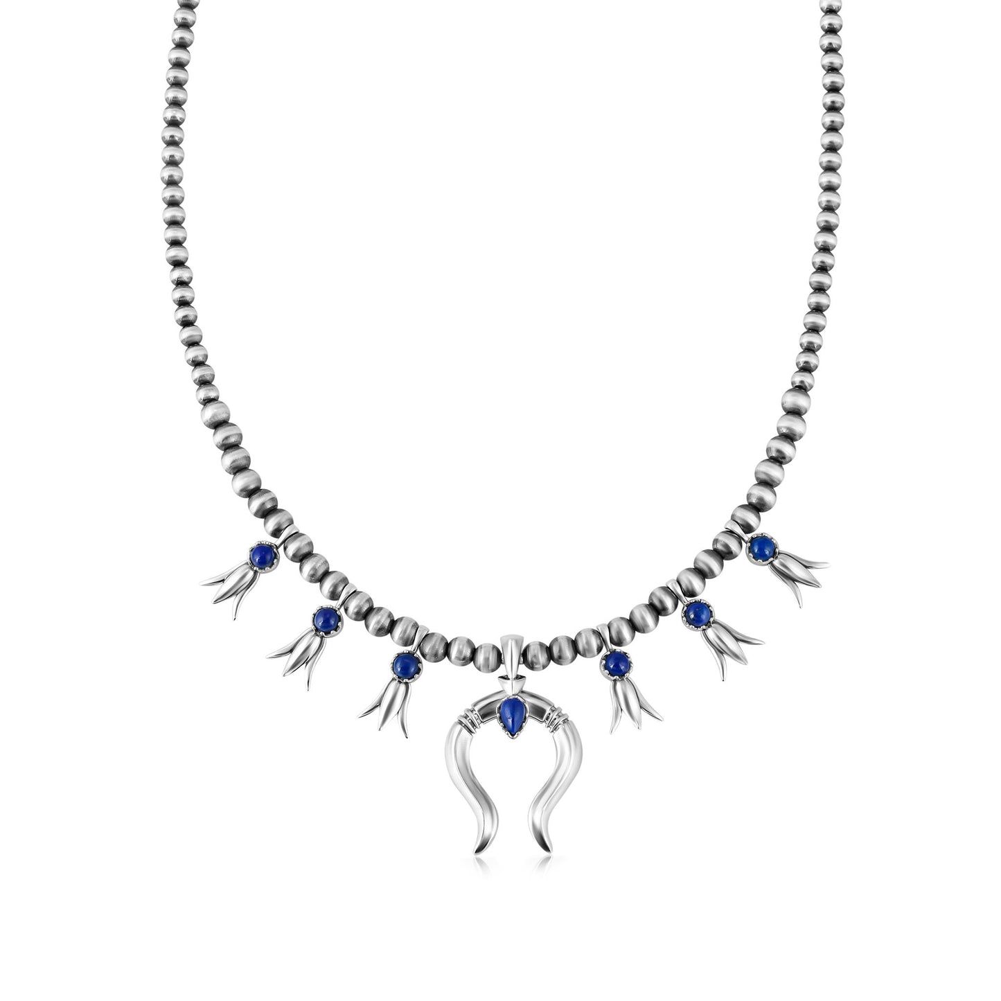 Sterling Silver Lapis Beaded Squash Blossom Necklace