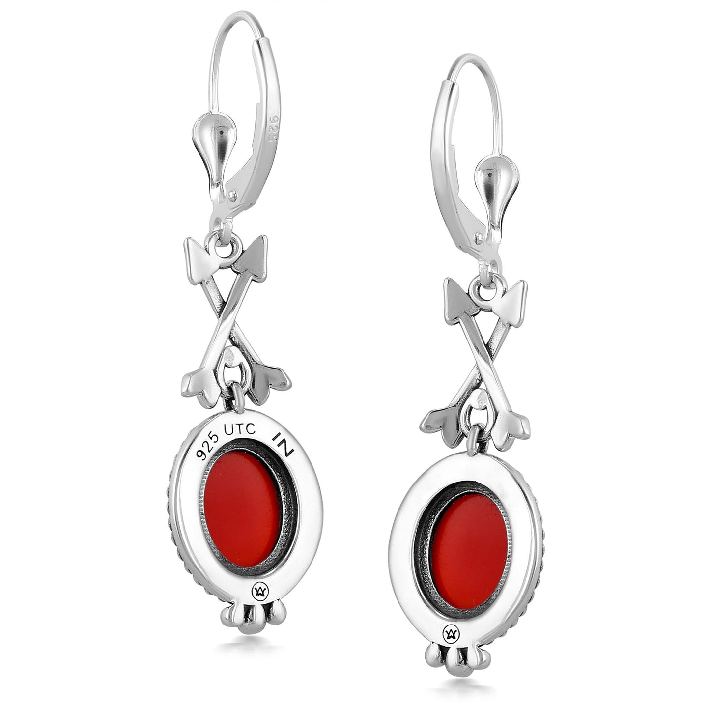 Sterling Silver Red Onyx Crossed Arrrow Drop and Dangle Earrings