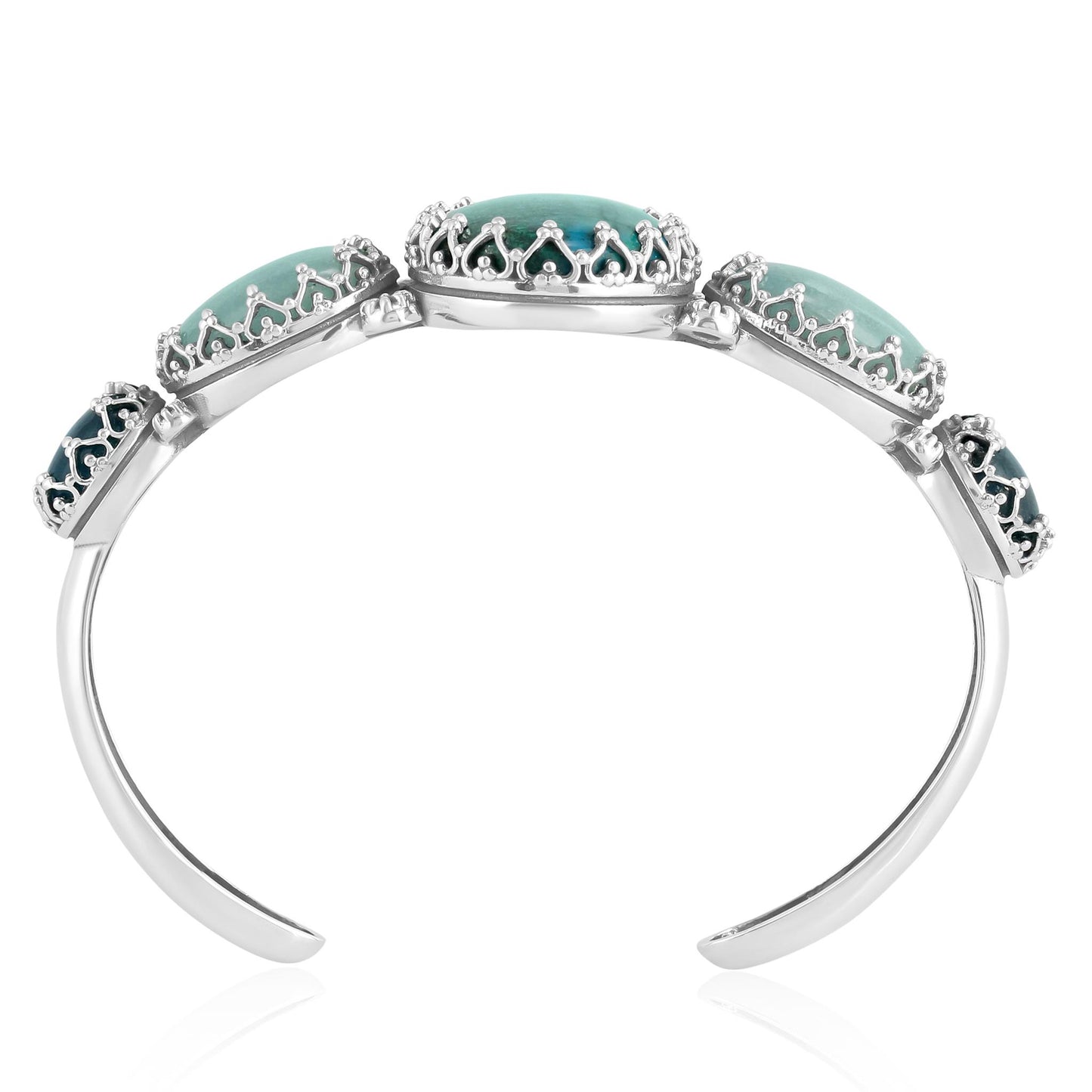 Sterling Silver Chrysocolla, Milky Aquamarine and Apatite Crown Detail Cuff Bracelet