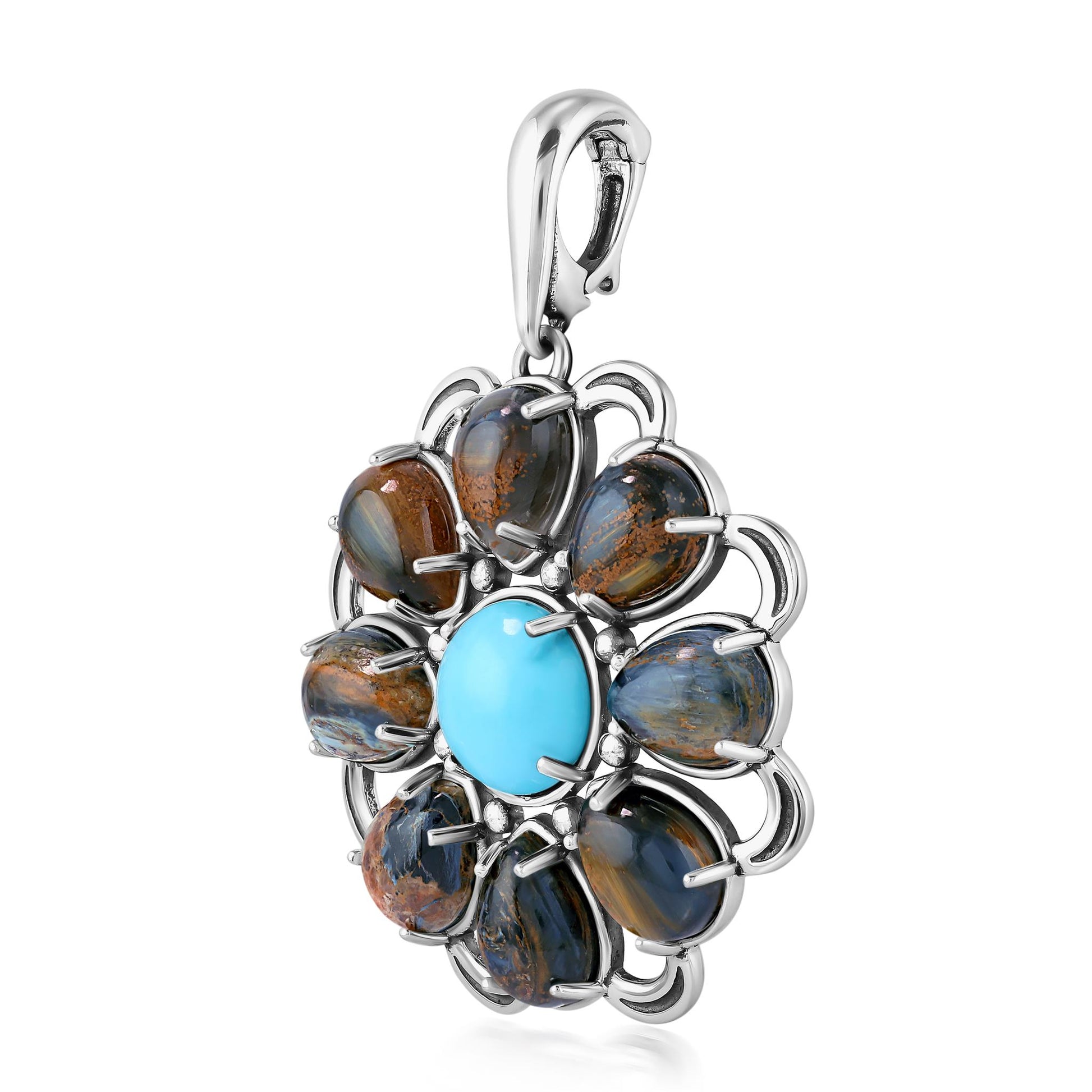 Sterling Silver Pietersite and Kingman Turquoise Pear Shape Circle Pendant Enhancer