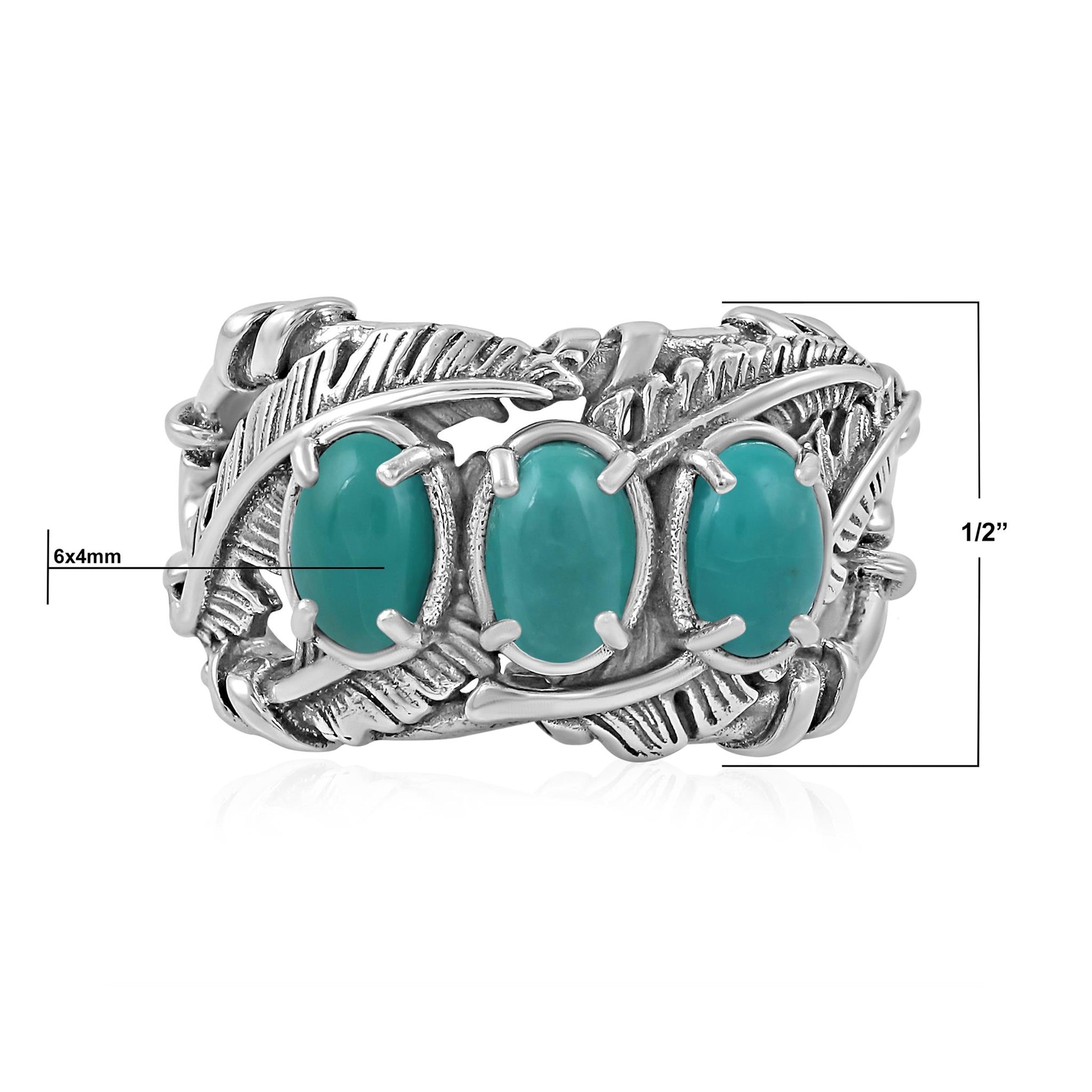 Sterling Silver Green Turquoise Three Stone Feather Ring