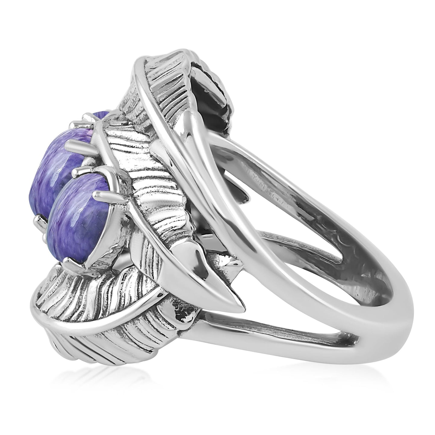 Sterling Silver Charoite Three-Stone Oval Cut Feather Ring