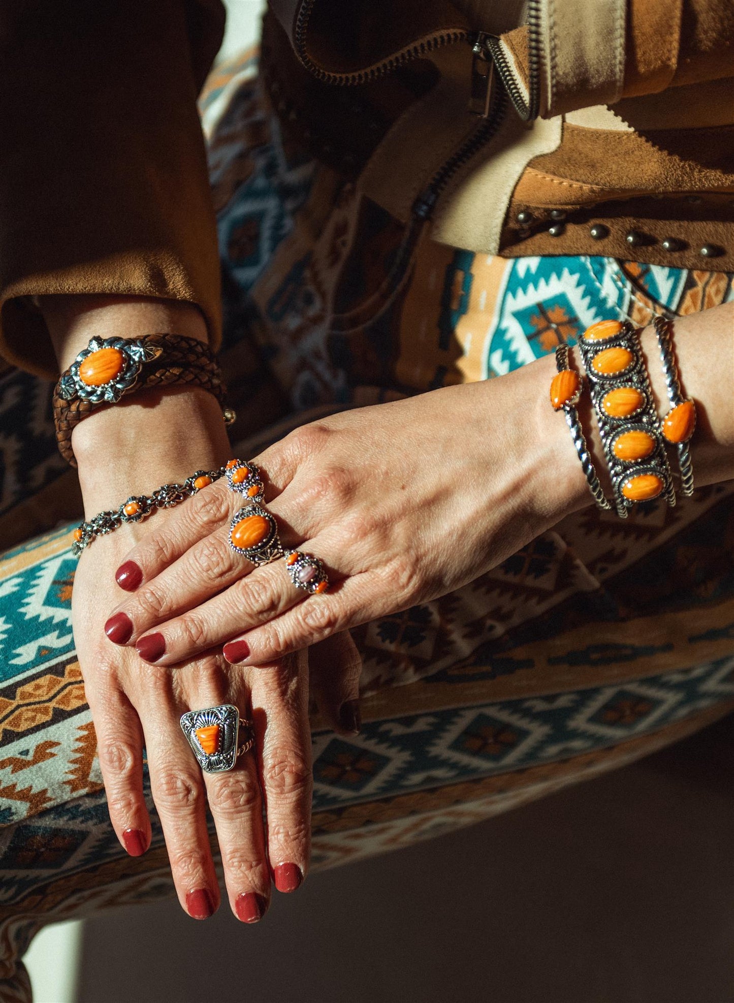Sterling Silver Orange Spiny Oyster Santa Fe Concha Link Bracelet, Sizes Small to Large