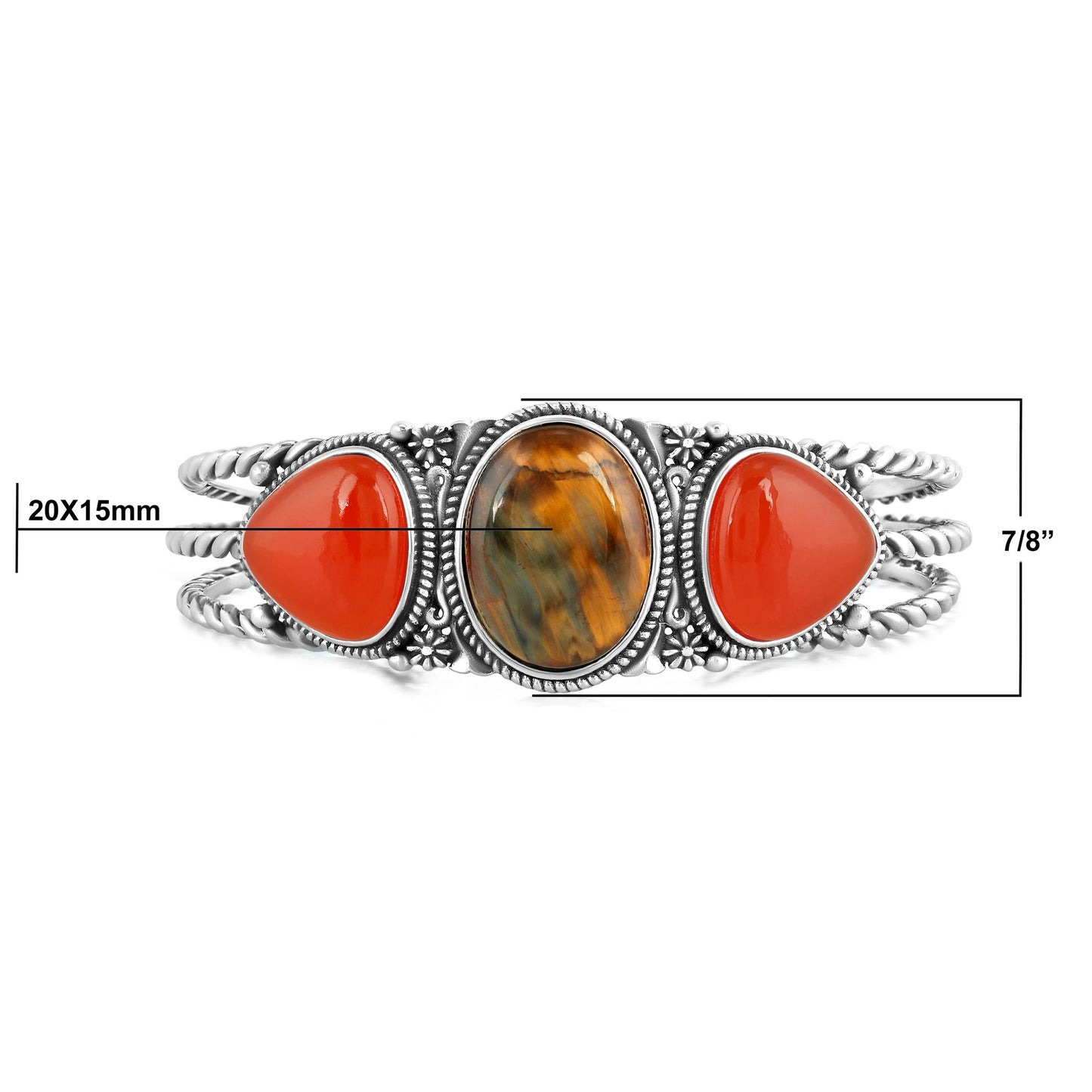 Sterling Silver Trillion Shaped Pietersite and Red Onyx Cuff Bracelet