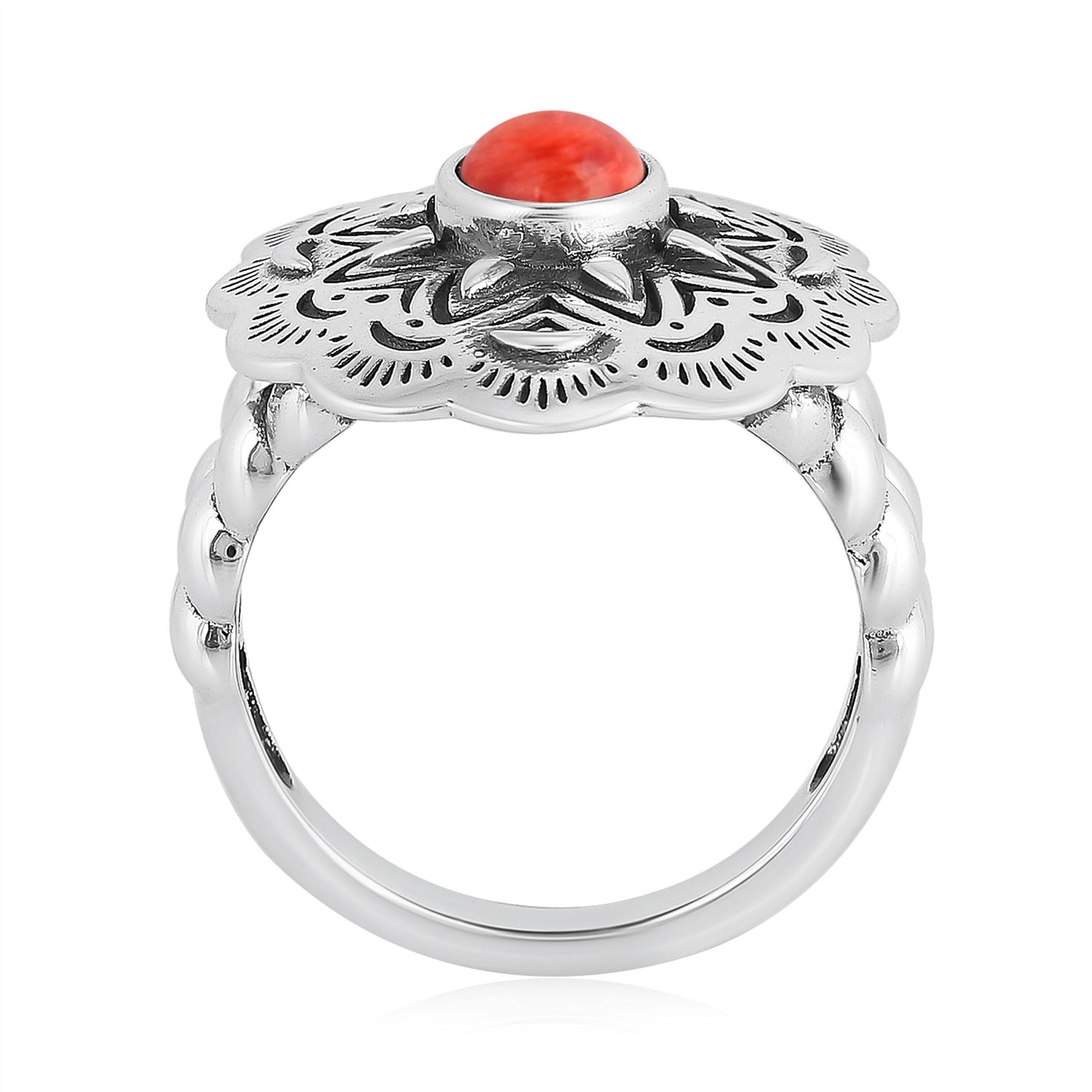 Sterling Silver Red Spiny Oyster Oval Gemstone Concha Ring