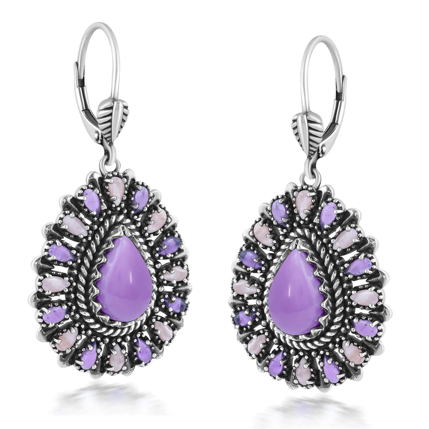 Sterling Silver Phosphosiderite, Rhodochrosite, and Amethyst Cluster Pear Shaped Dangle Earrings