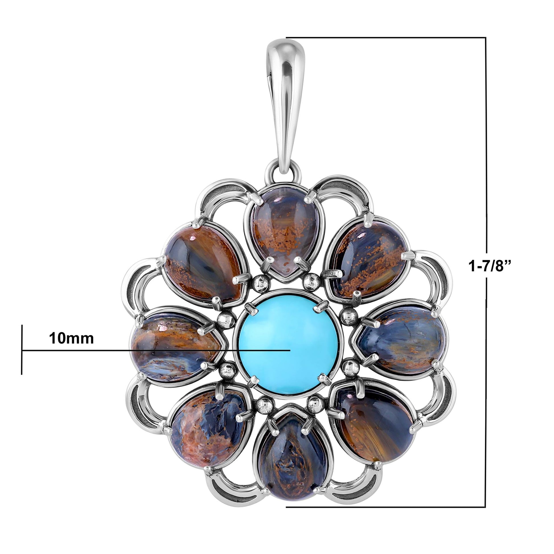 Sterling Silver Pietersite and Kingman Turquoise Pear Shape Circle Pendant Enhancer