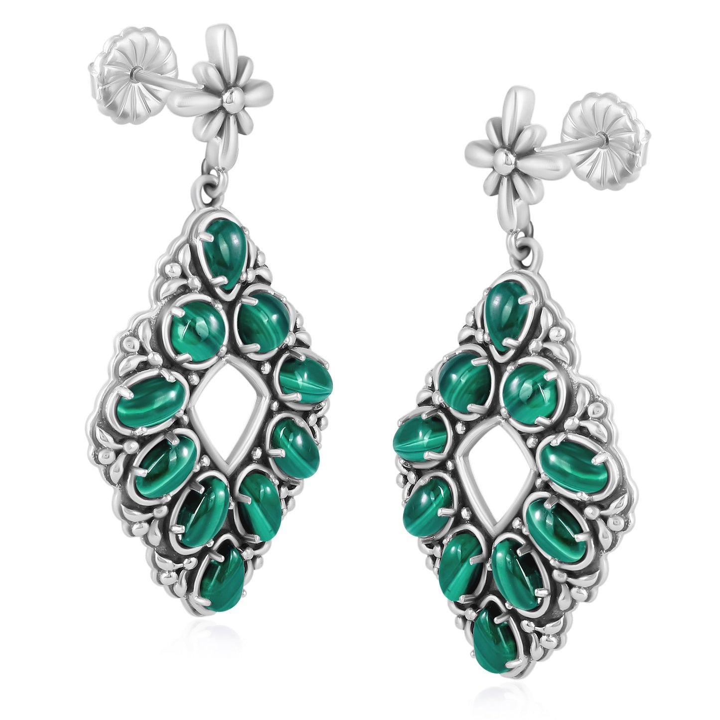 Sterling Silver Malachite Diamond Shaped Earrings