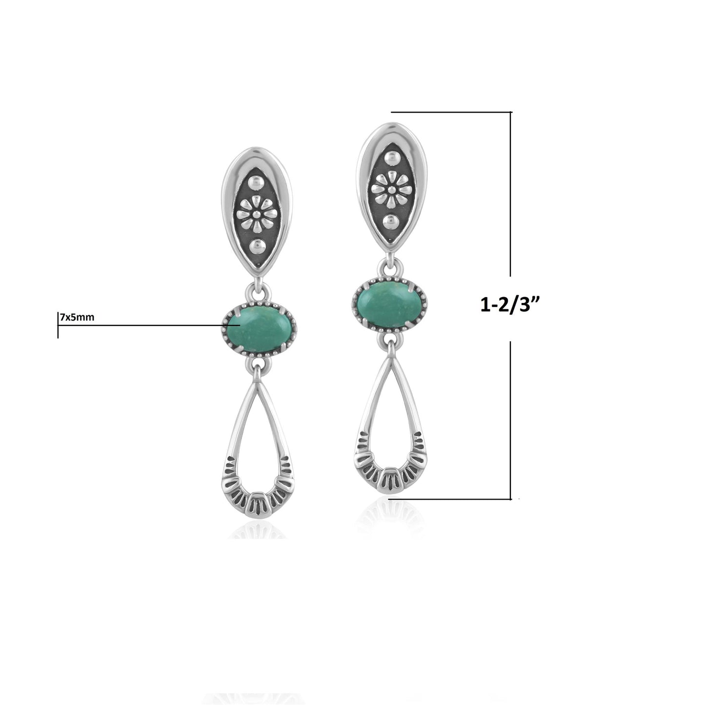 Sterling Silver Green Turqoise Teardrop Double Loop Gemstone Earrings