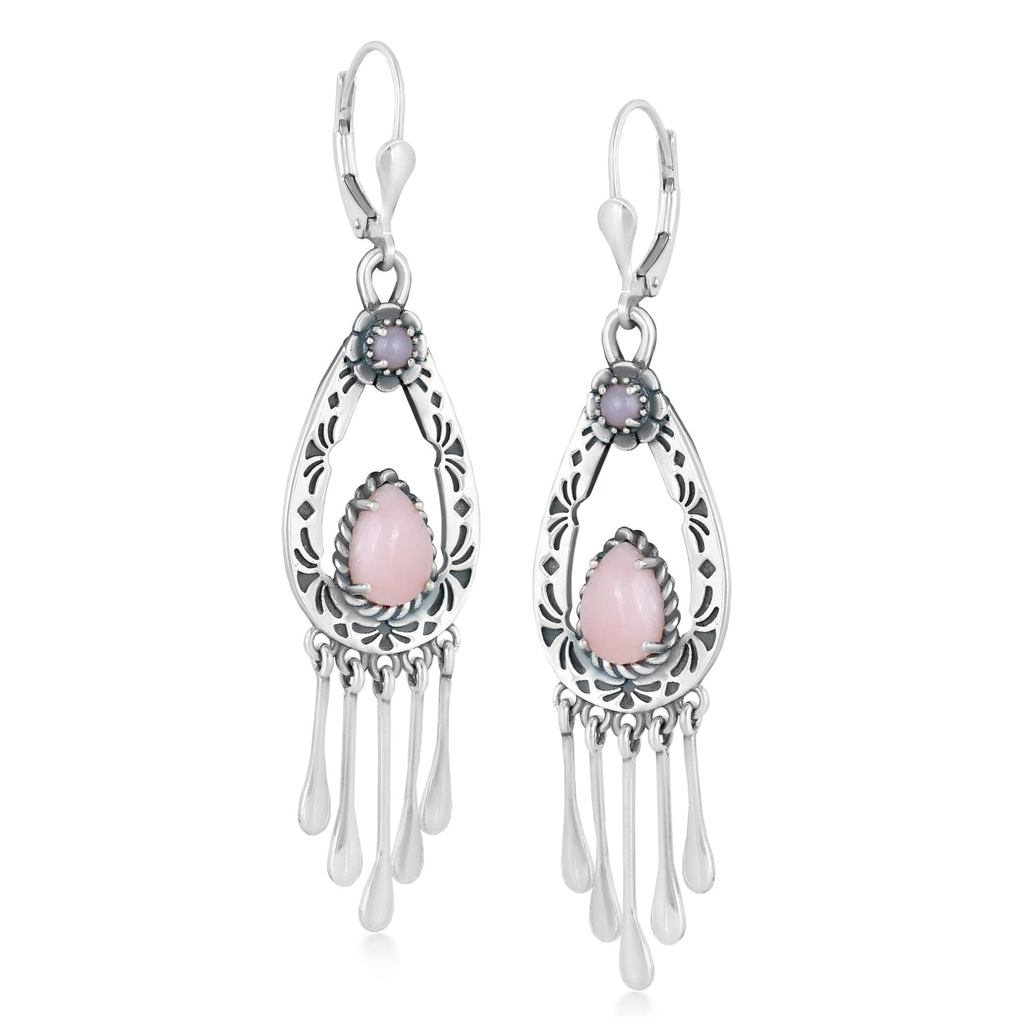 Sterling Silver Pink Opal Pear-Cut Lever Back Dangle Earrings