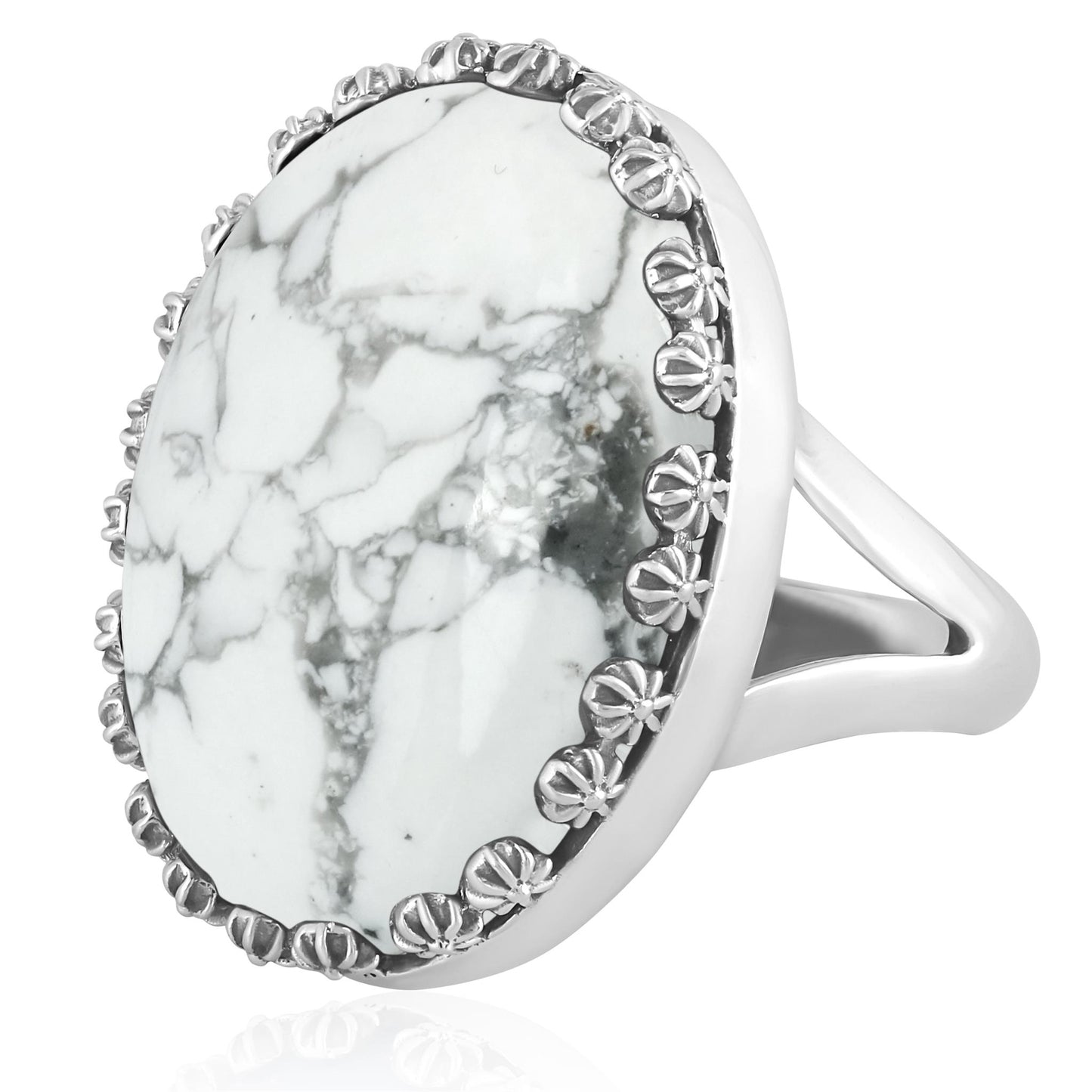 Sterling Silver White Howlite Concha Flower Border Oval Cut Ring