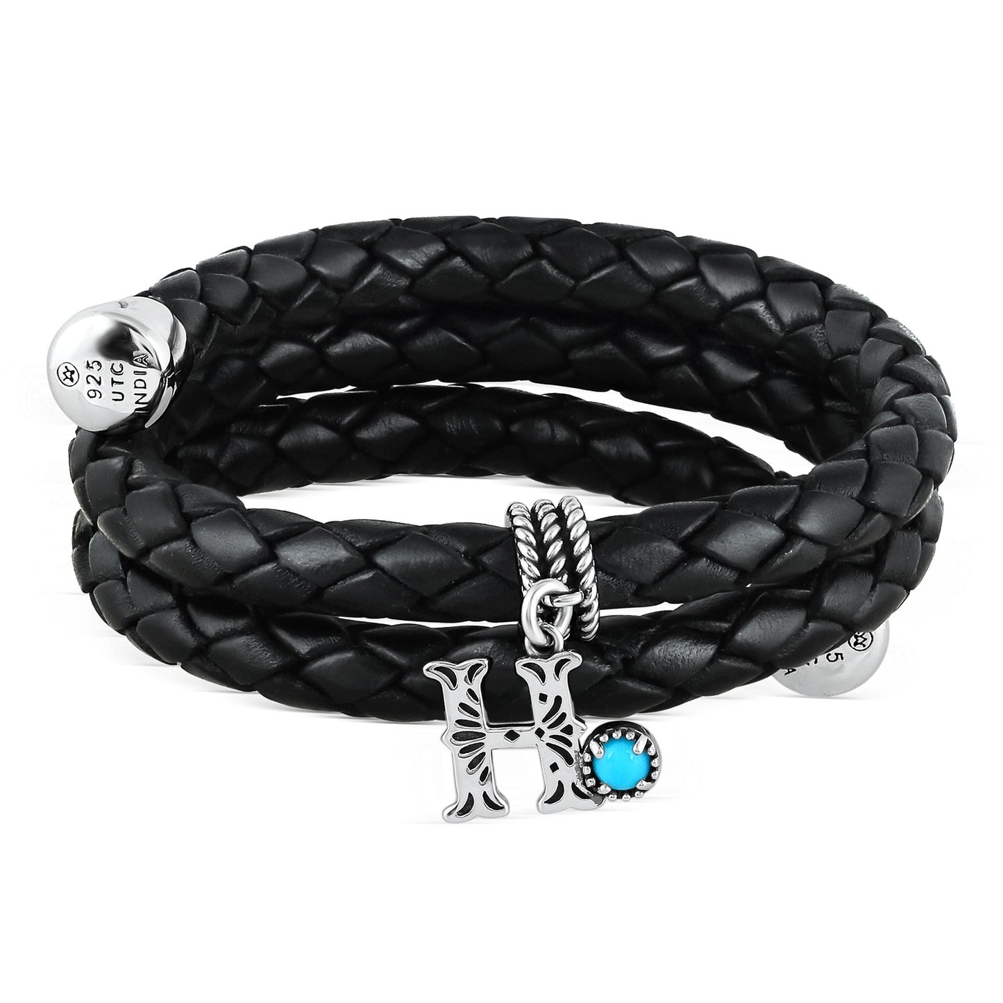 Sterling Silver Sleeping Beauty Turquoise Black Leather Initial "H" Coil Bracelet