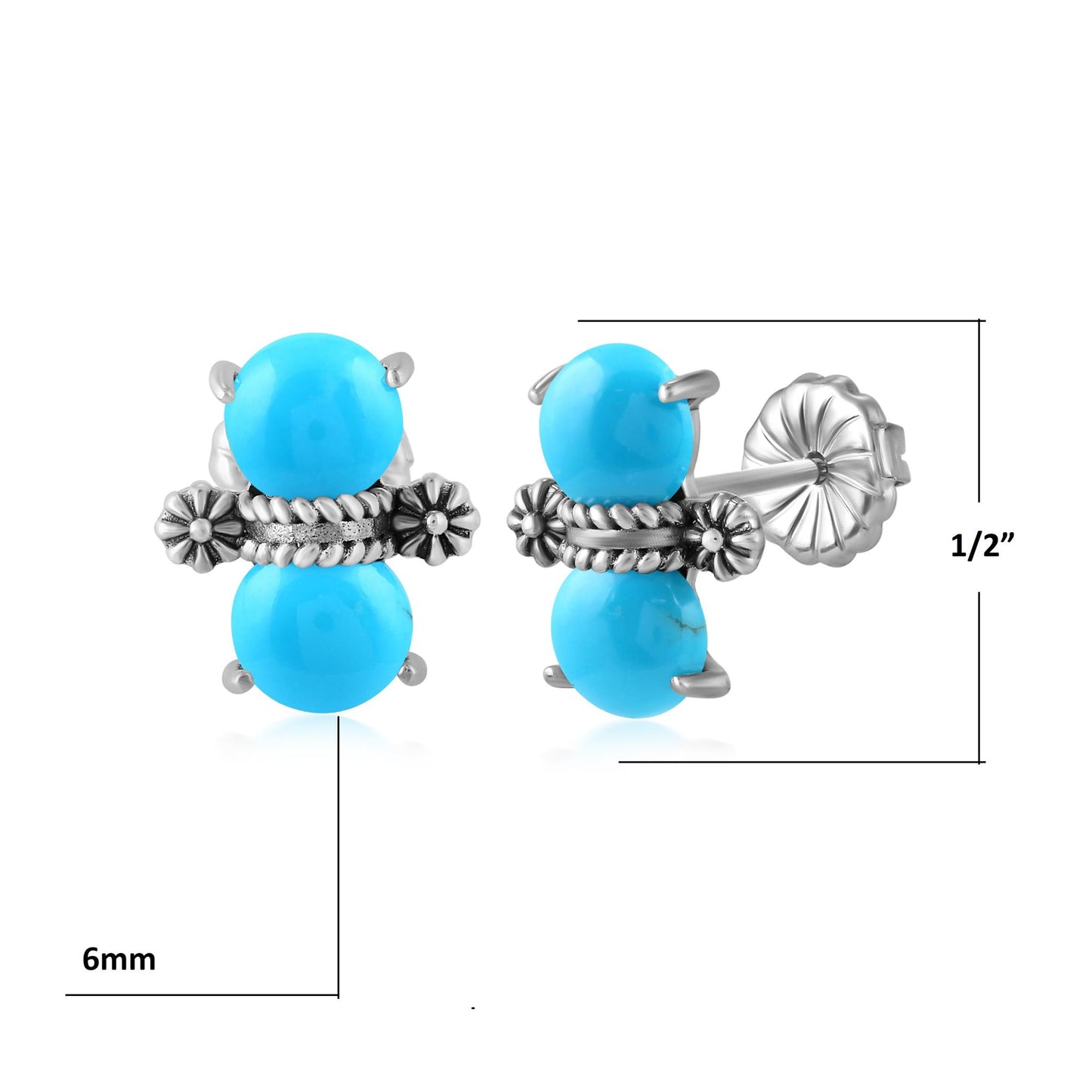 Sterling Silver Round Sleeping Beauty Turquoise Concha Stud Earrings