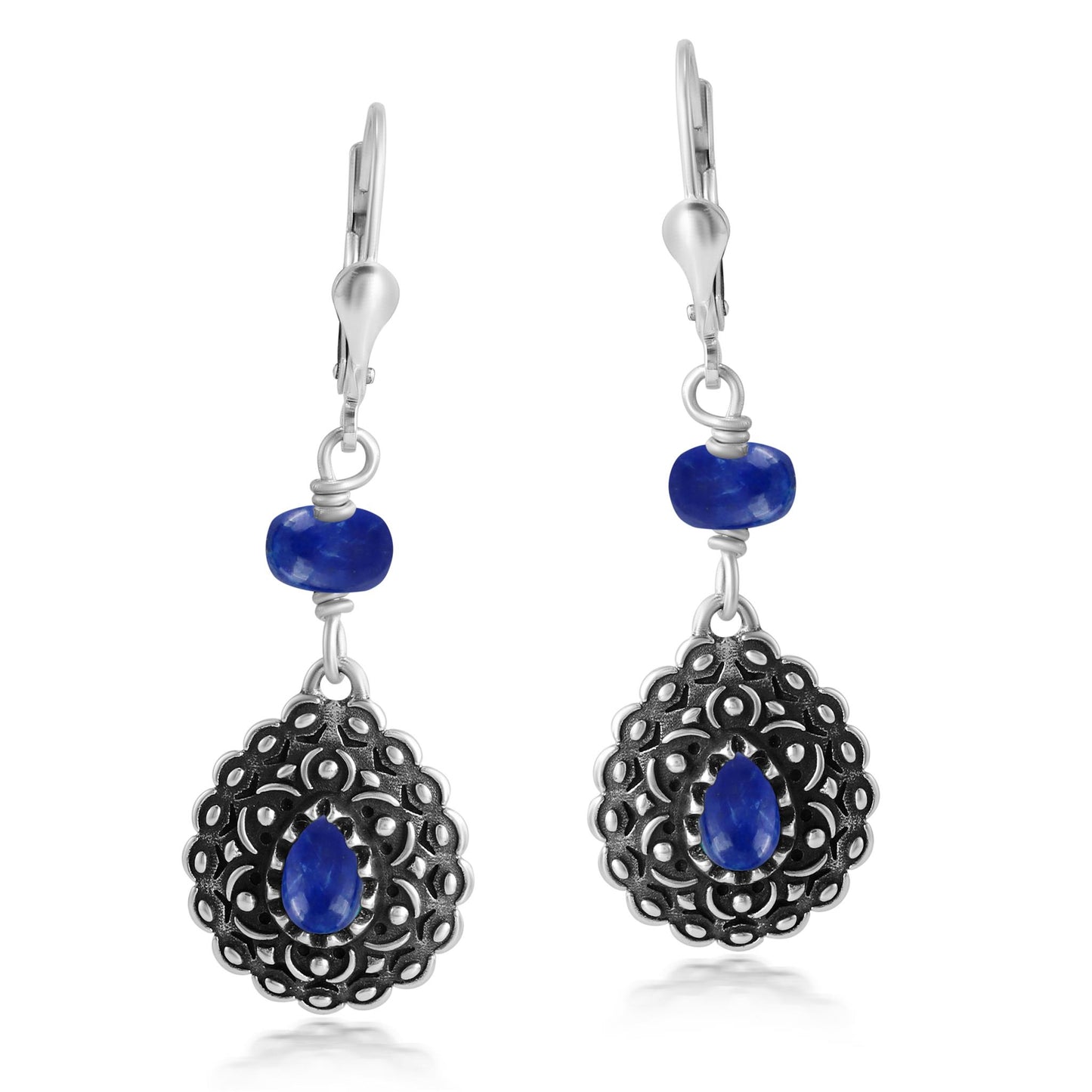 Sterling Silver Lapis Pear-Shaped Concha Lever Back Earrings