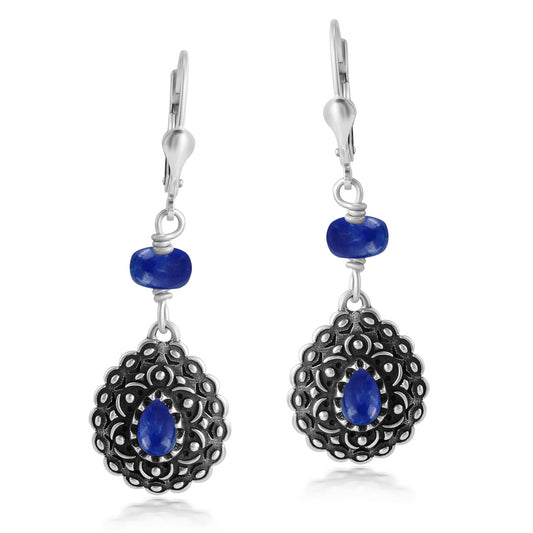 Sterling Silver Lapis Pear-Shaped Concha Lever Back Earrings