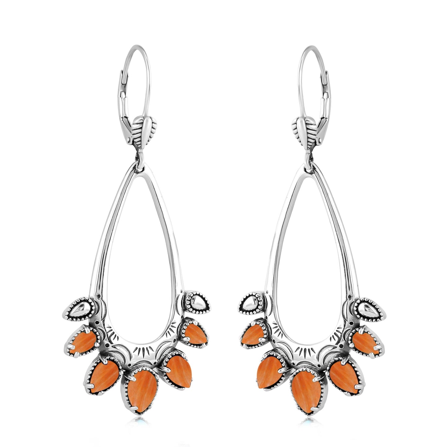 Sterling Silver Orange Spiny Oyster Open Pear Gemstone Lever Back Earrings