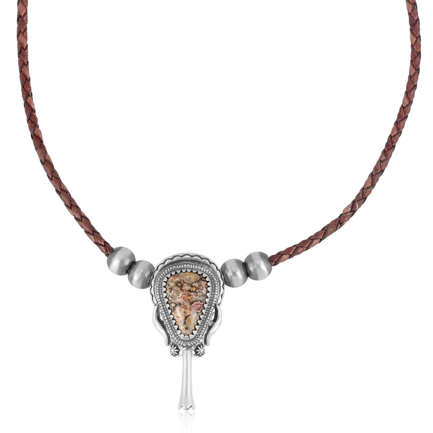 Sterling Silver Leopard Jasper Brown Leather Squash Blossom Necklace