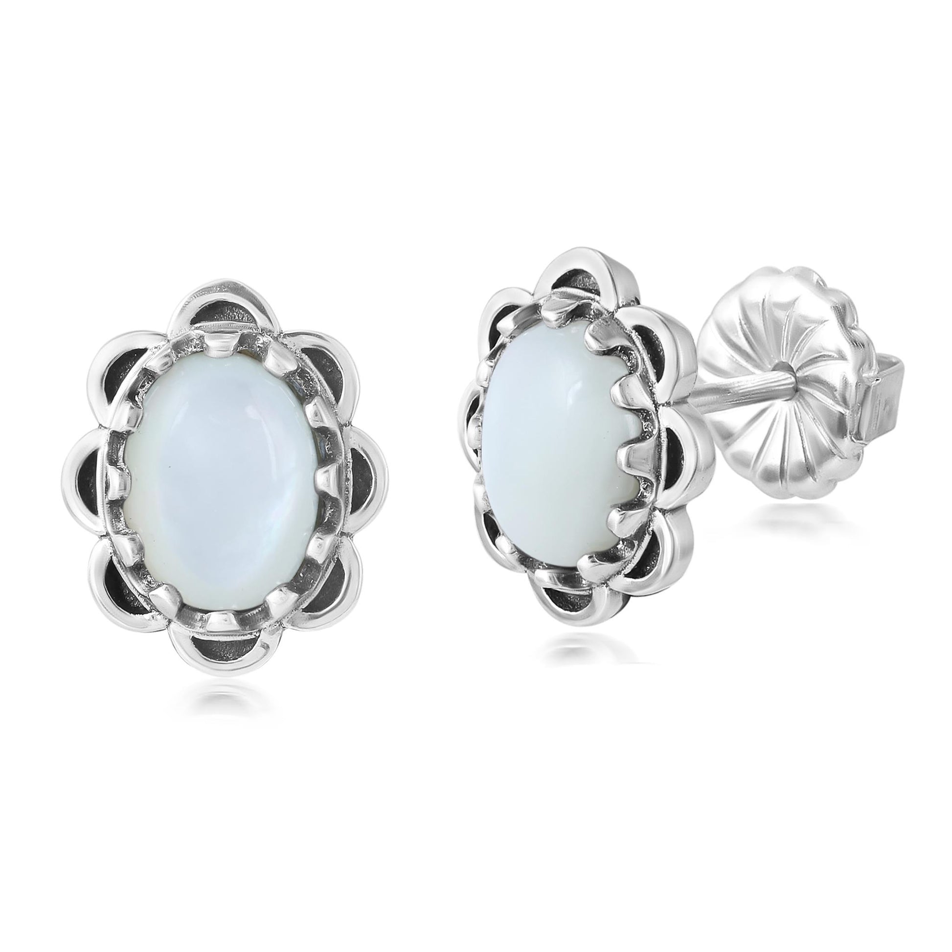 Sterling Silver White Mother of Pearl Concha Flower Stud Earrings