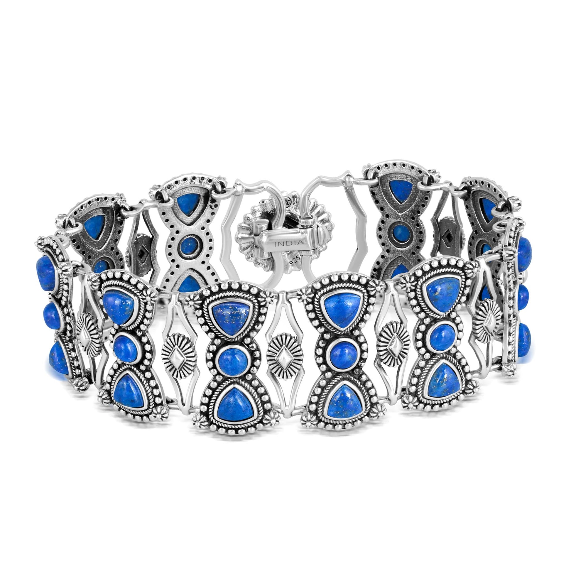 Sterling Silver Lapis Round and Trillion Cut Link Bracelet