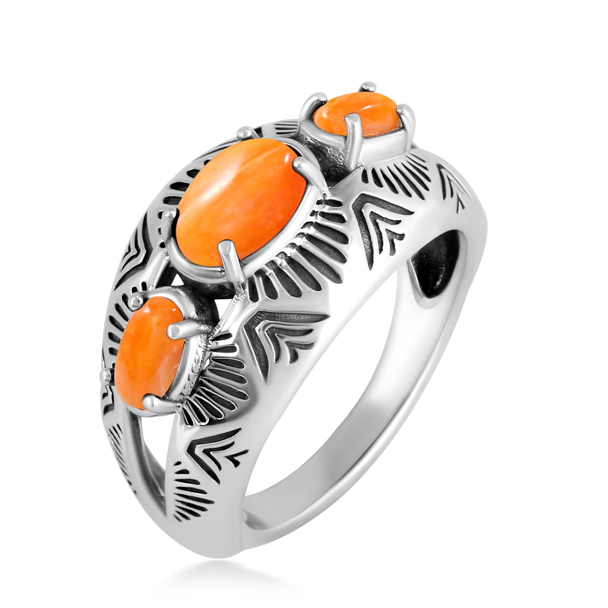 Sterling Silver Orange Spiny Oyster 3-Stone Oval Band Ring