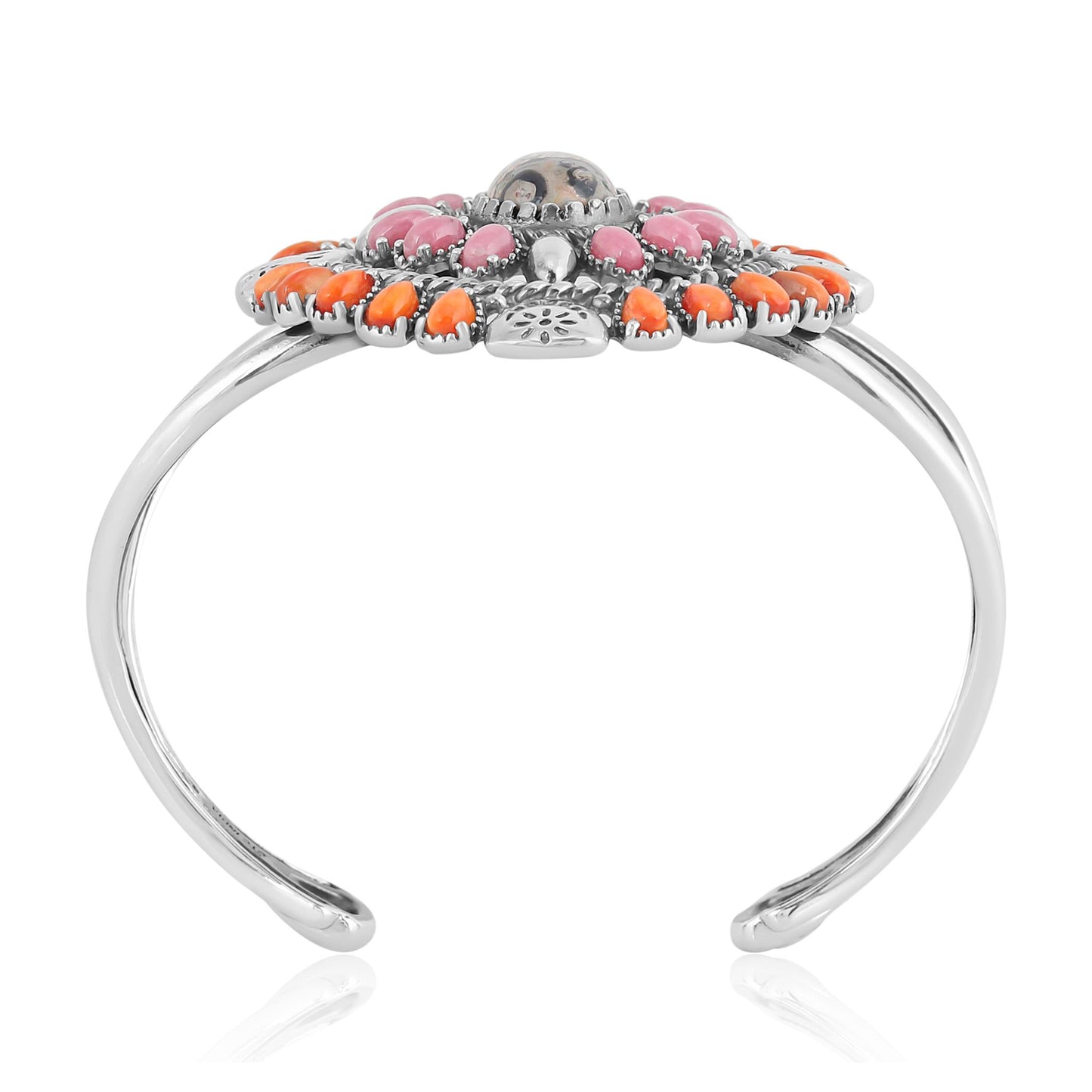 Sterling Silver Leopard Jasper, Orange Spiny Oyster and Rhodonite Oval Floral Cluster Cuff Bracelet