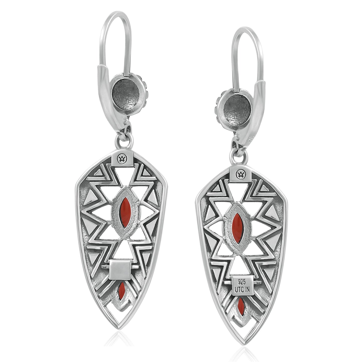 Sterling Silver Marquise Red Jasper Patterned Lever Back Earrings