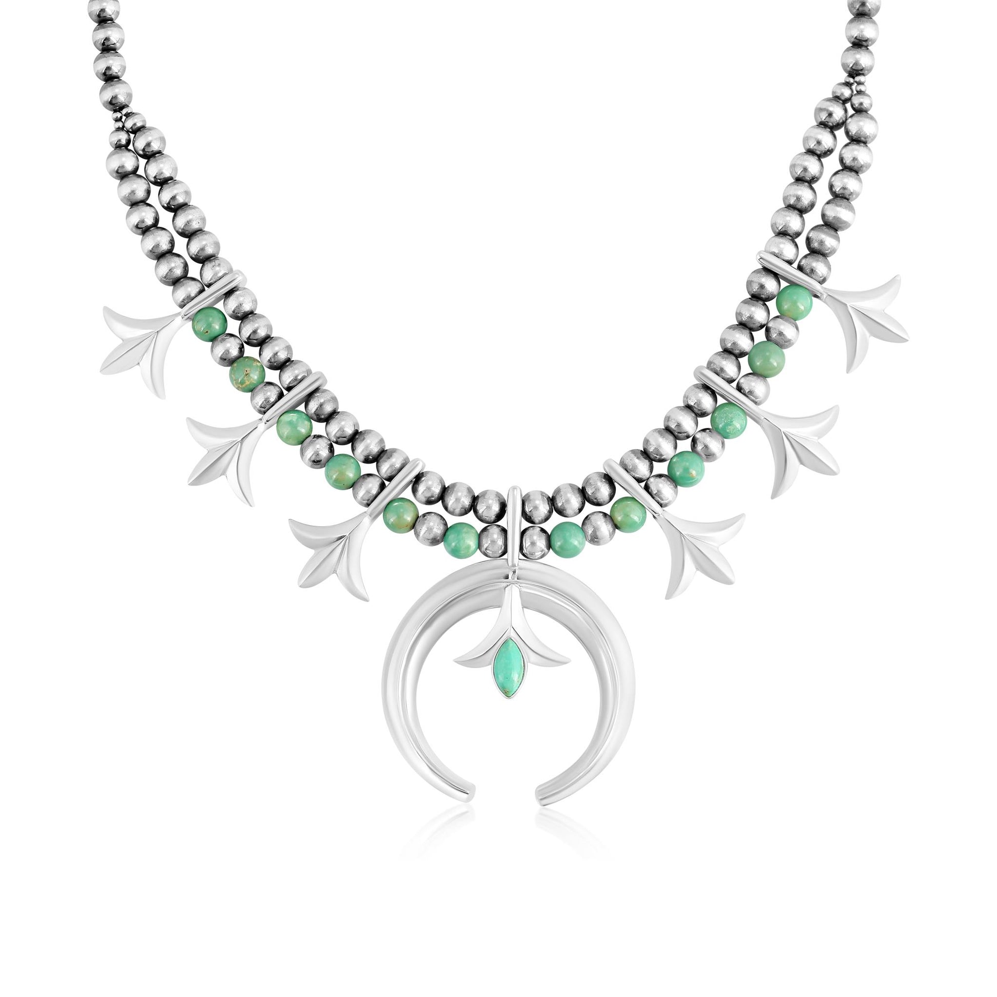 Sterling Silver Green Turquoise Bead Squash Blossom Necklace