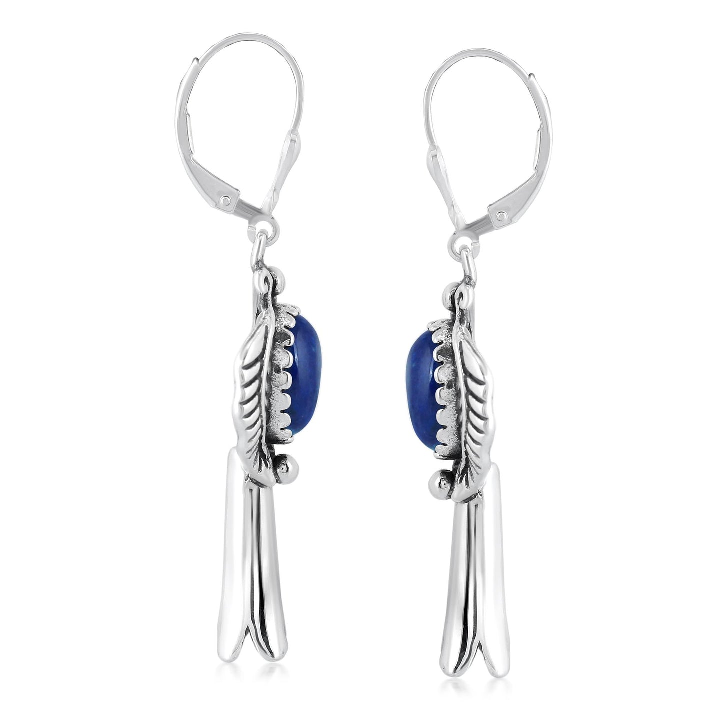 EXCLUSIVELY OURS! Sterling Silver Lapis Leaf and Squash Blossom Design Dangle Earrings