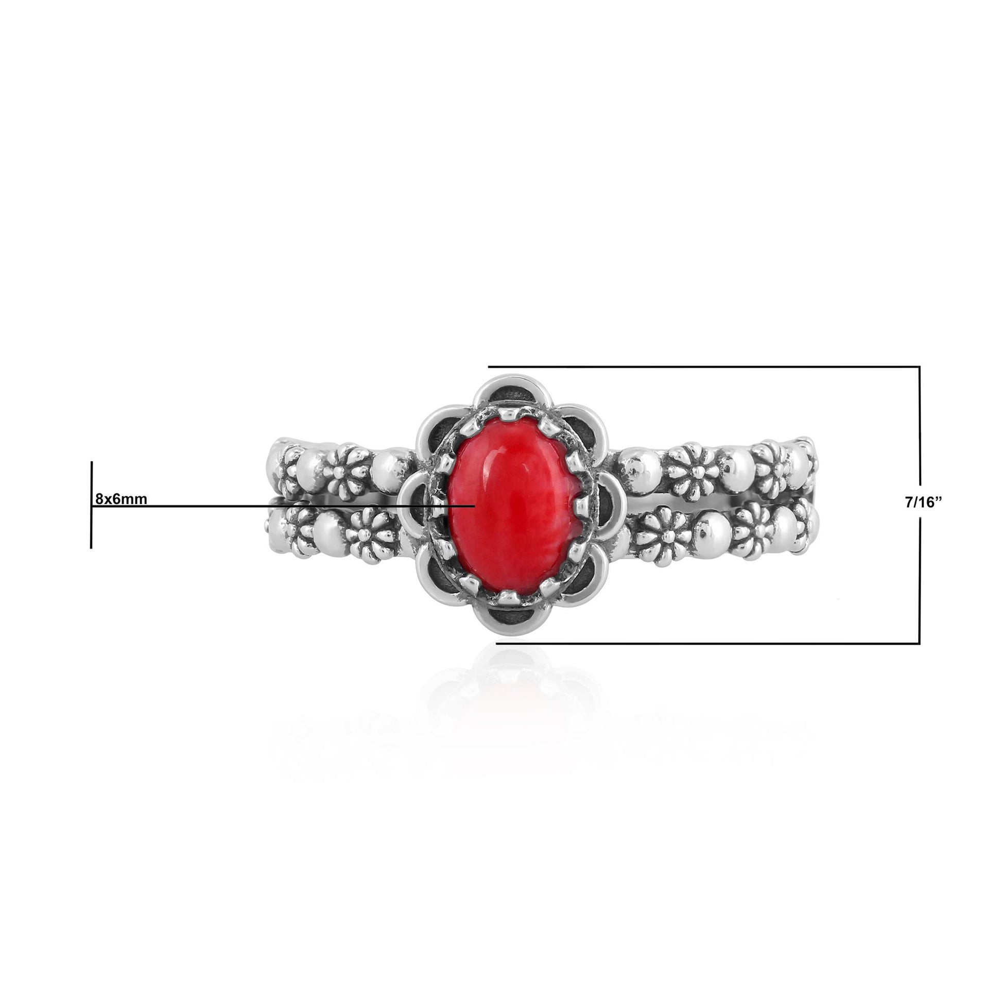 Sterling Silver Red Coral Double Row Concha Flower Ring