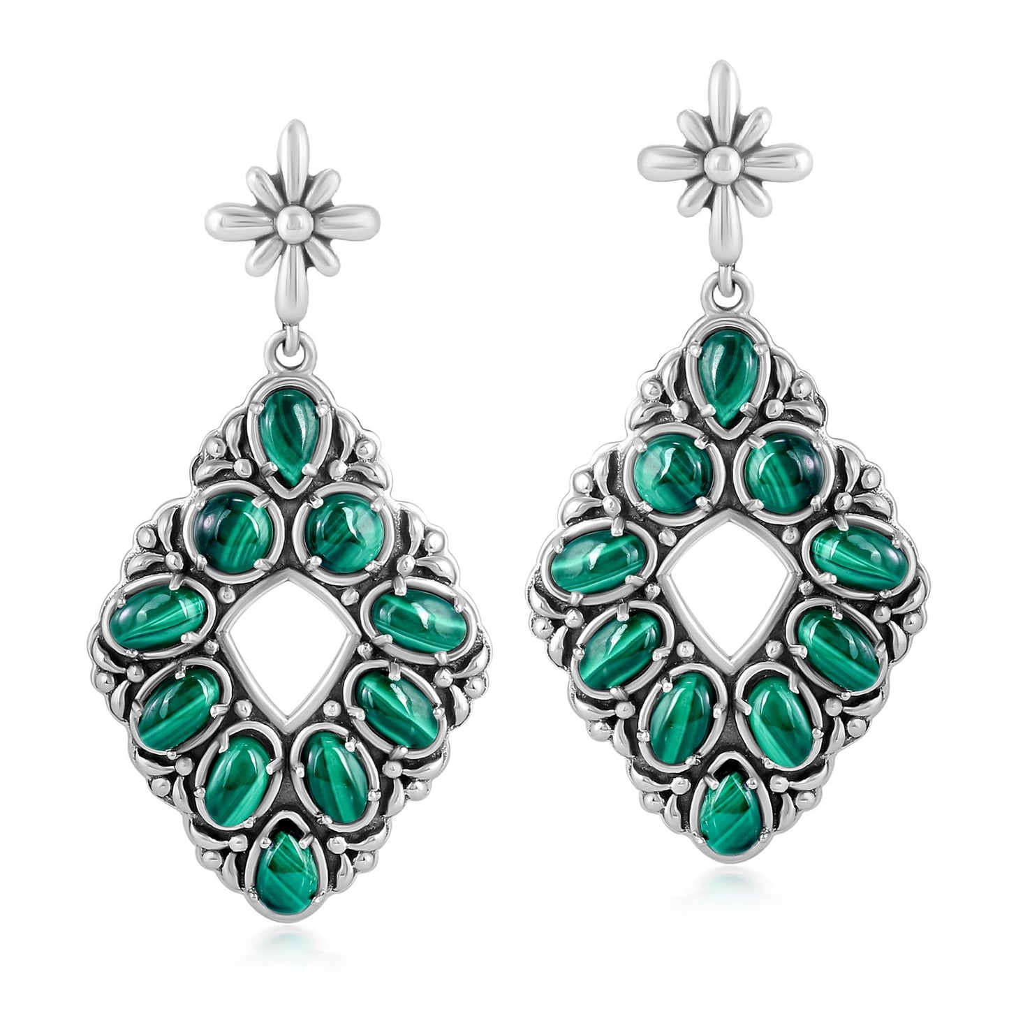 Sterling Silver Malachite Diamond Shaped Earrings