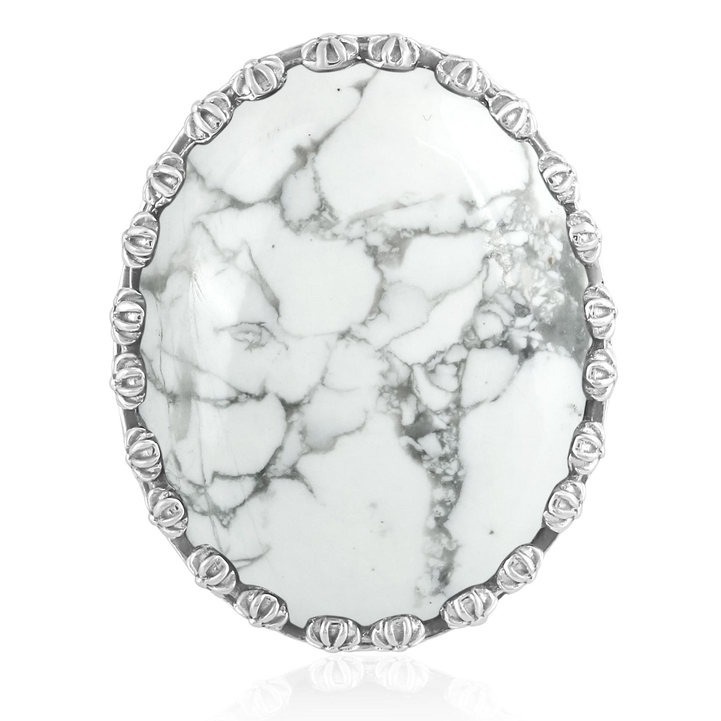 Sterling Silver White Howlite Concha Flower Border Oval Cut Ring