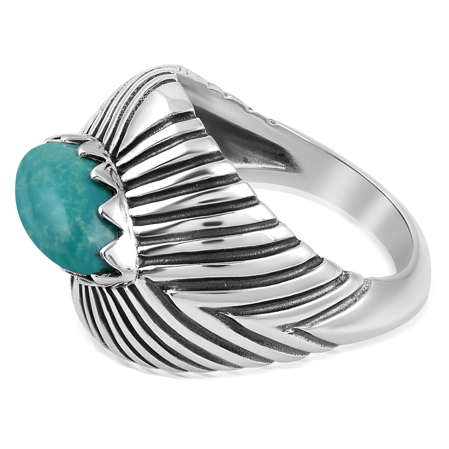 Sterling Silver Green Turquoise Marquise Gemstone Ribbed Ring