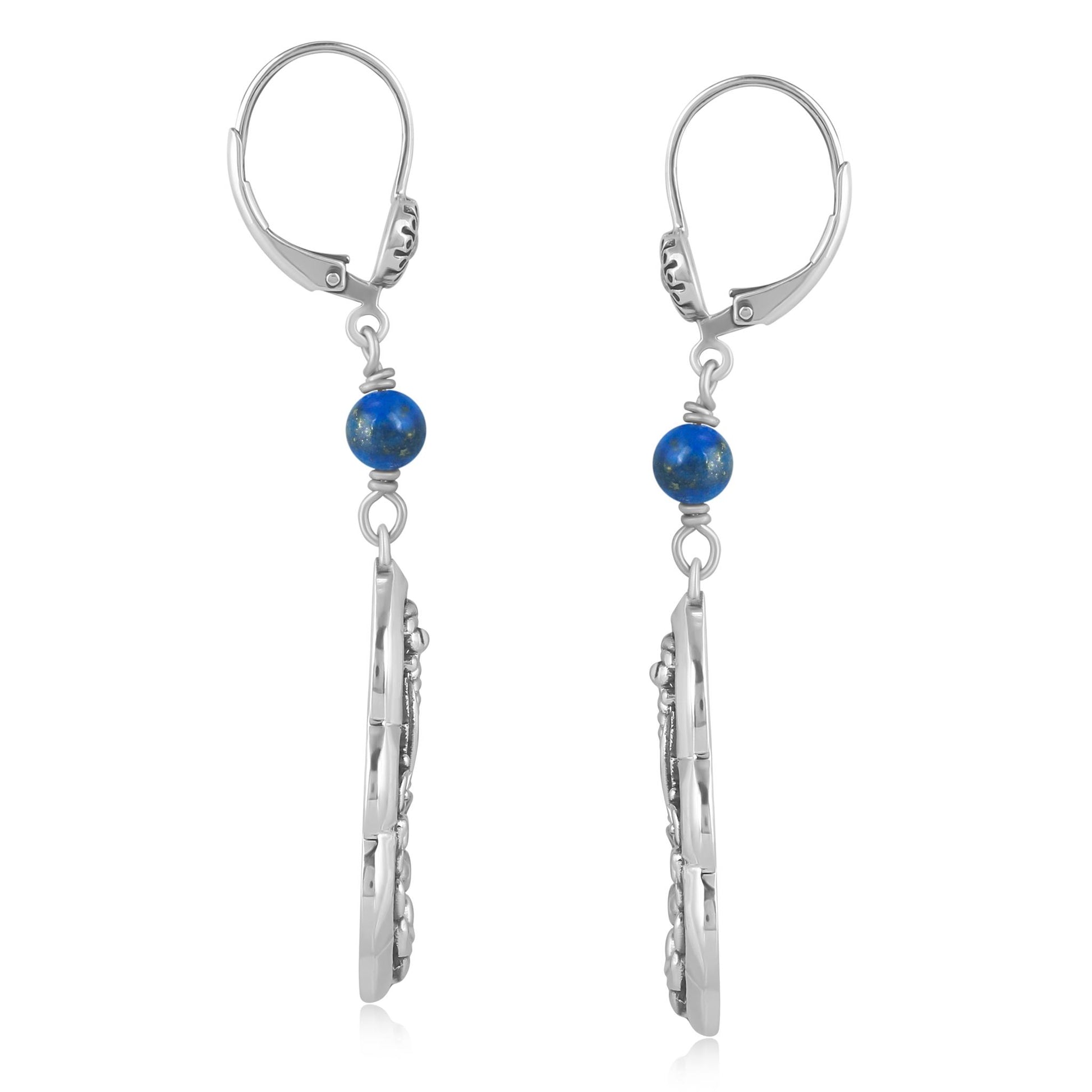 Sterling Silver Lapis Flower Gemstone Bead Lever Back Earrings