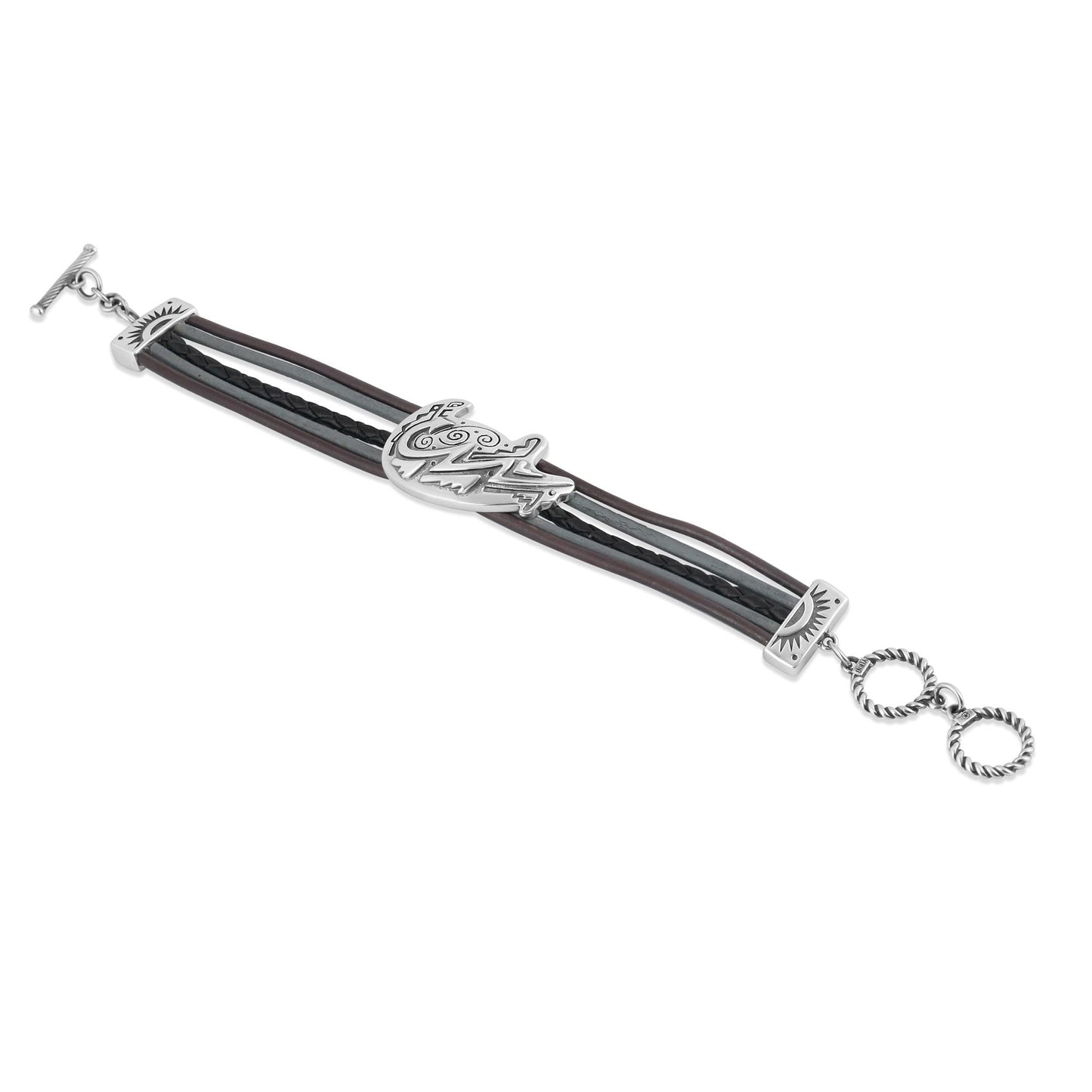 Sterling Silver Bear Design Multicolored Black Leather Toggle Bracelet