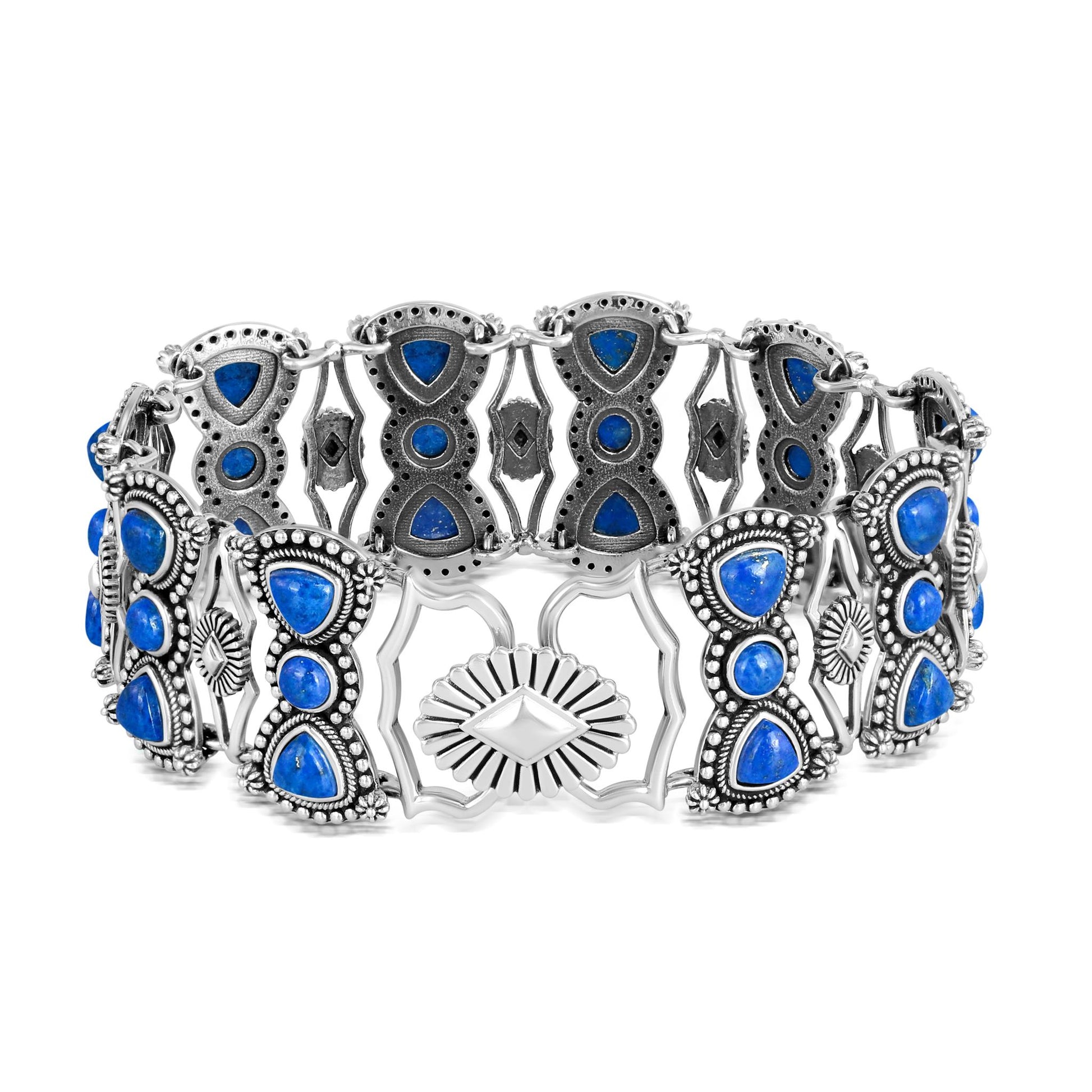 Sterling Silver Lapis Round and Trillion Cut Link Bracelet