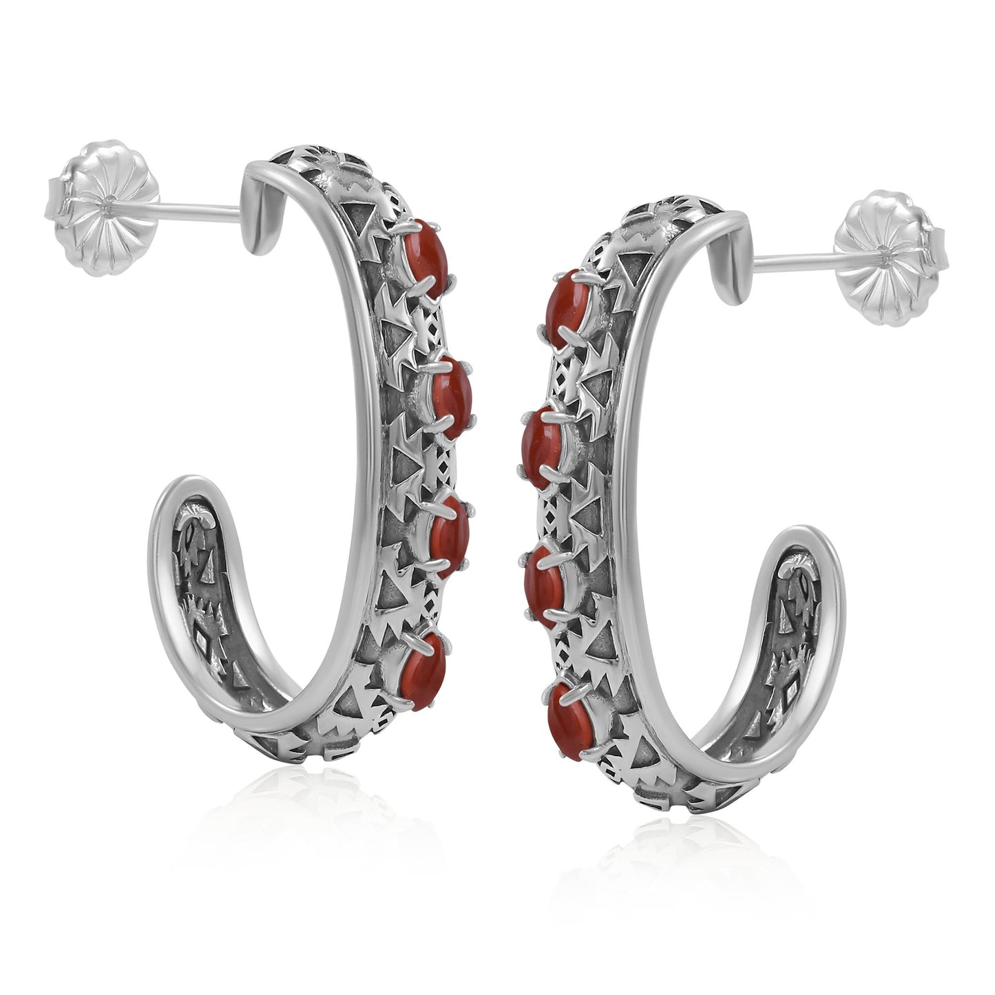 Sterling Silver Red Jasper Patterned J-Hoop 1 Inch Earrings