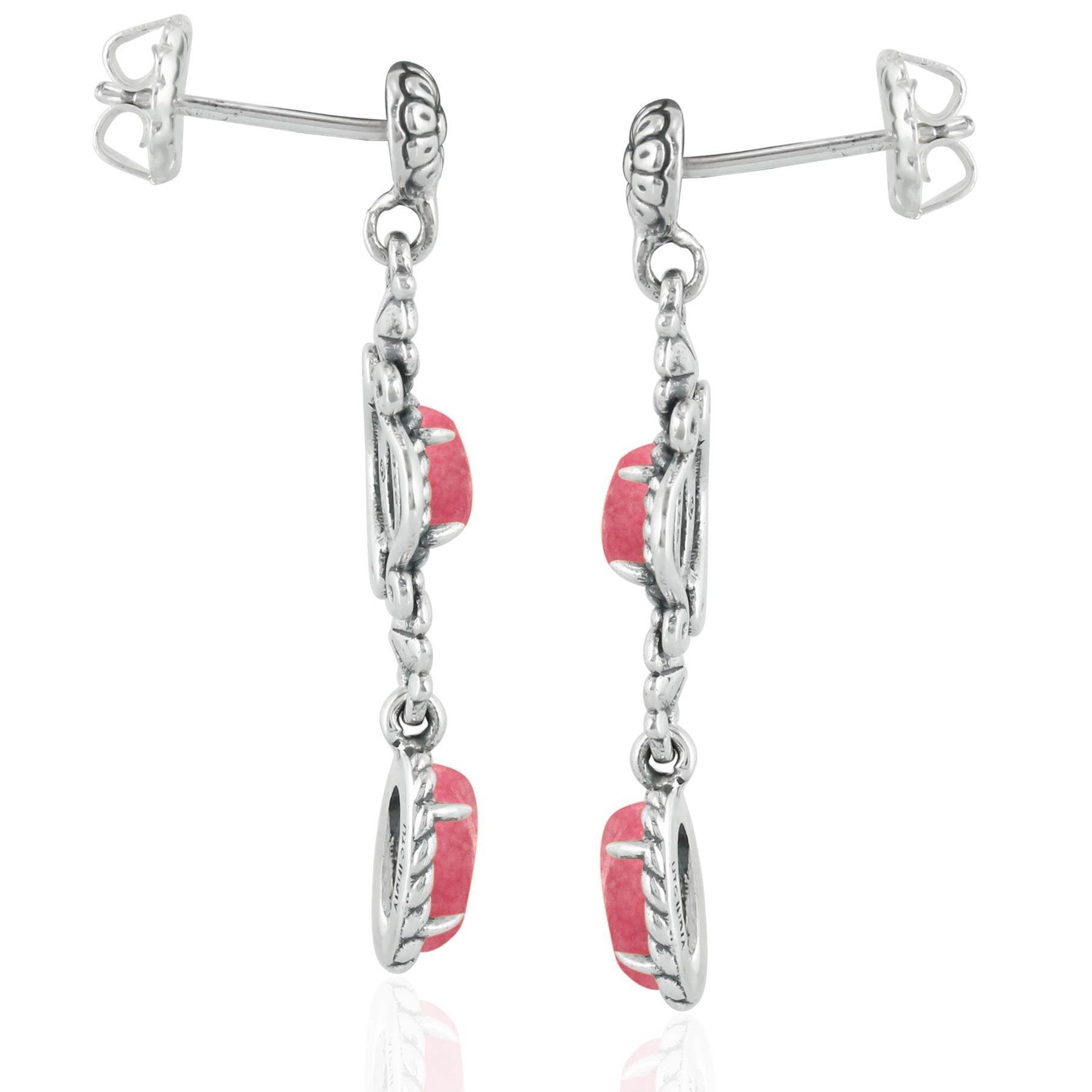 Sterling Silver Rhodonite Gemstone Floral Dangle Earrings